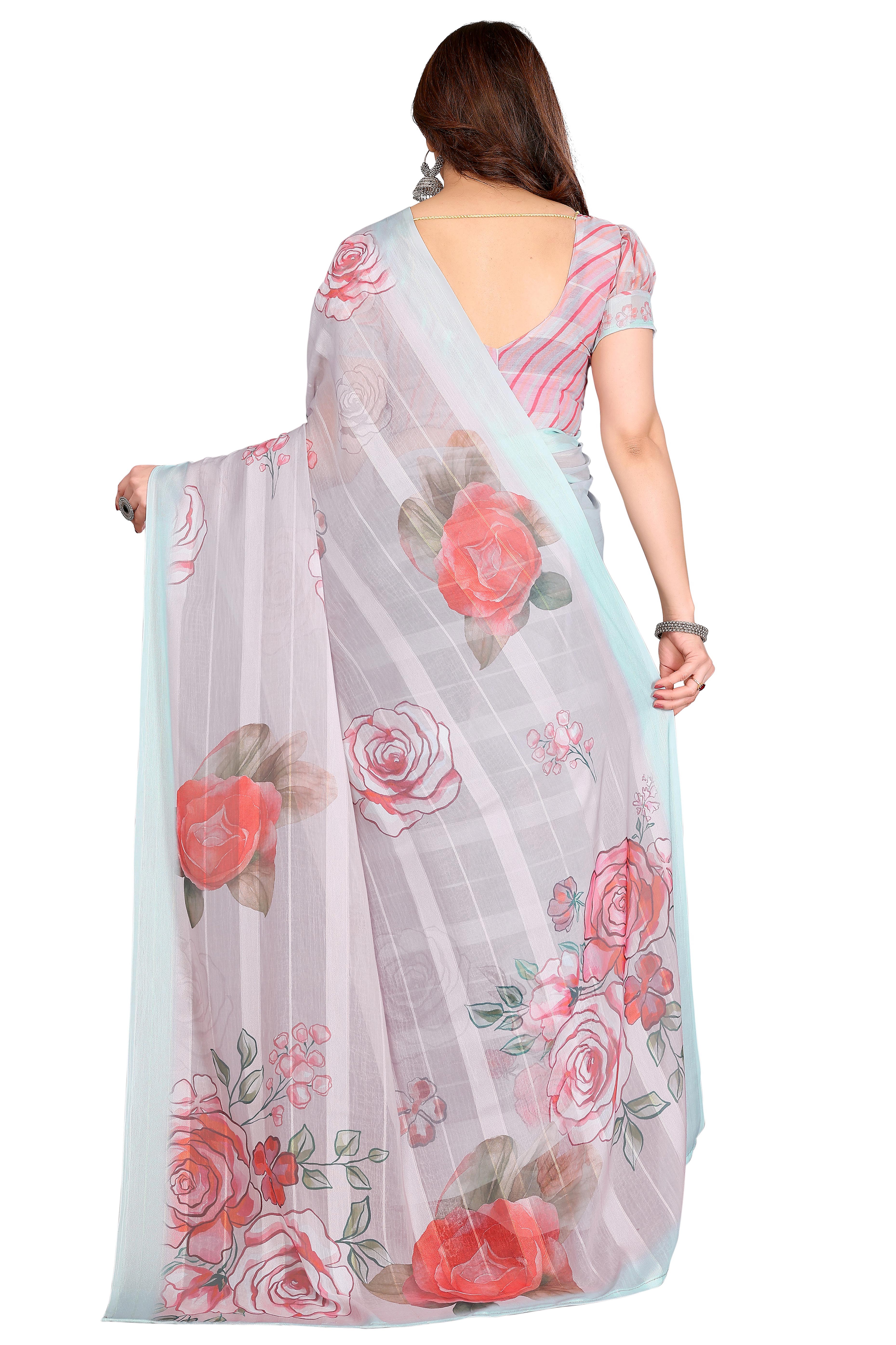 Premium Light Turquoise Floral Digital Printed Georgette Saree With Delicate Zari & Bright Striped