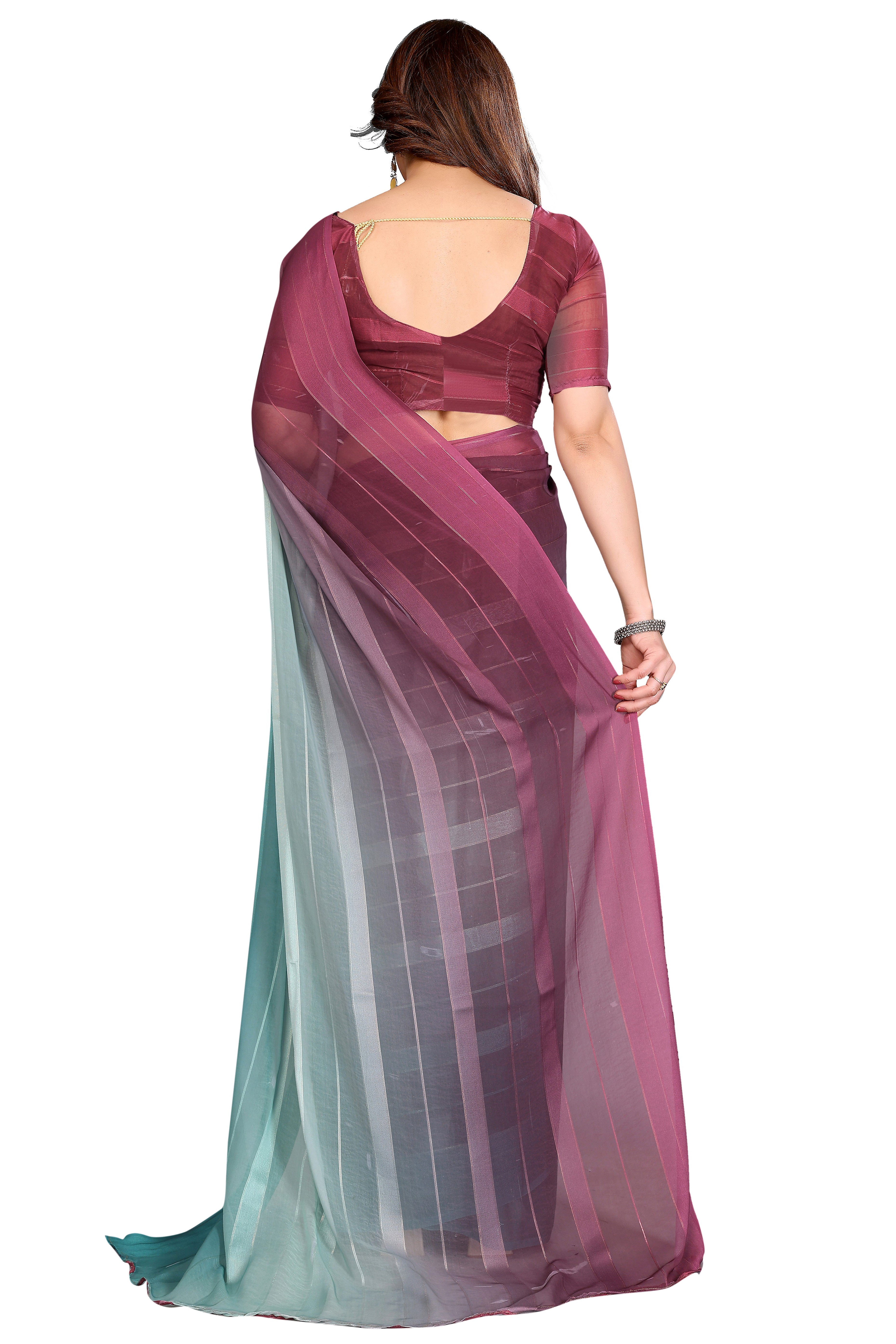 Premium Teal & Green Digital Printed Georgette Saree Featuring Delicate Zari & Bright Striped