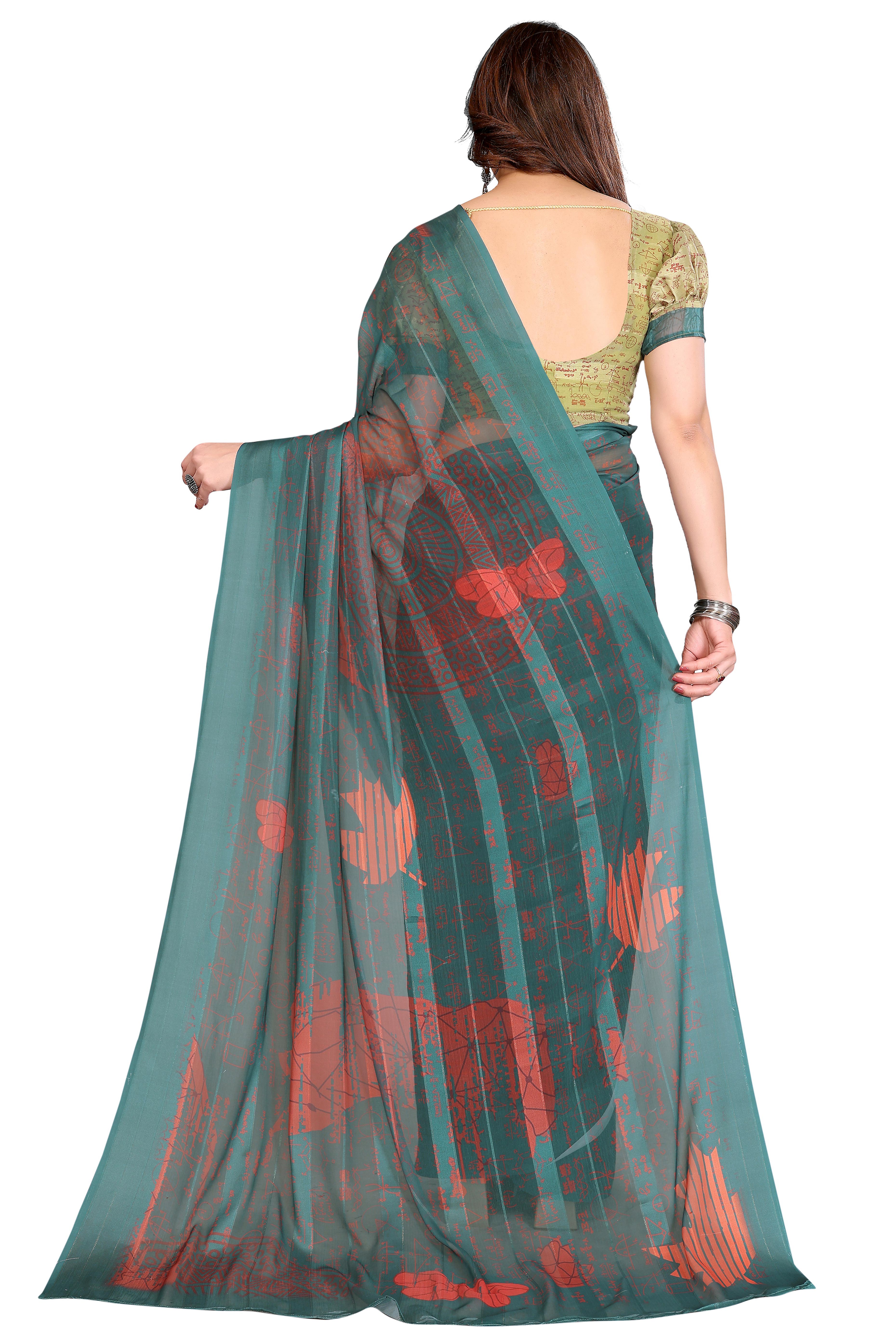 Luxury Green Digital Print Georgette Saree With Subtle Zari Highlights & Vibrant Striped