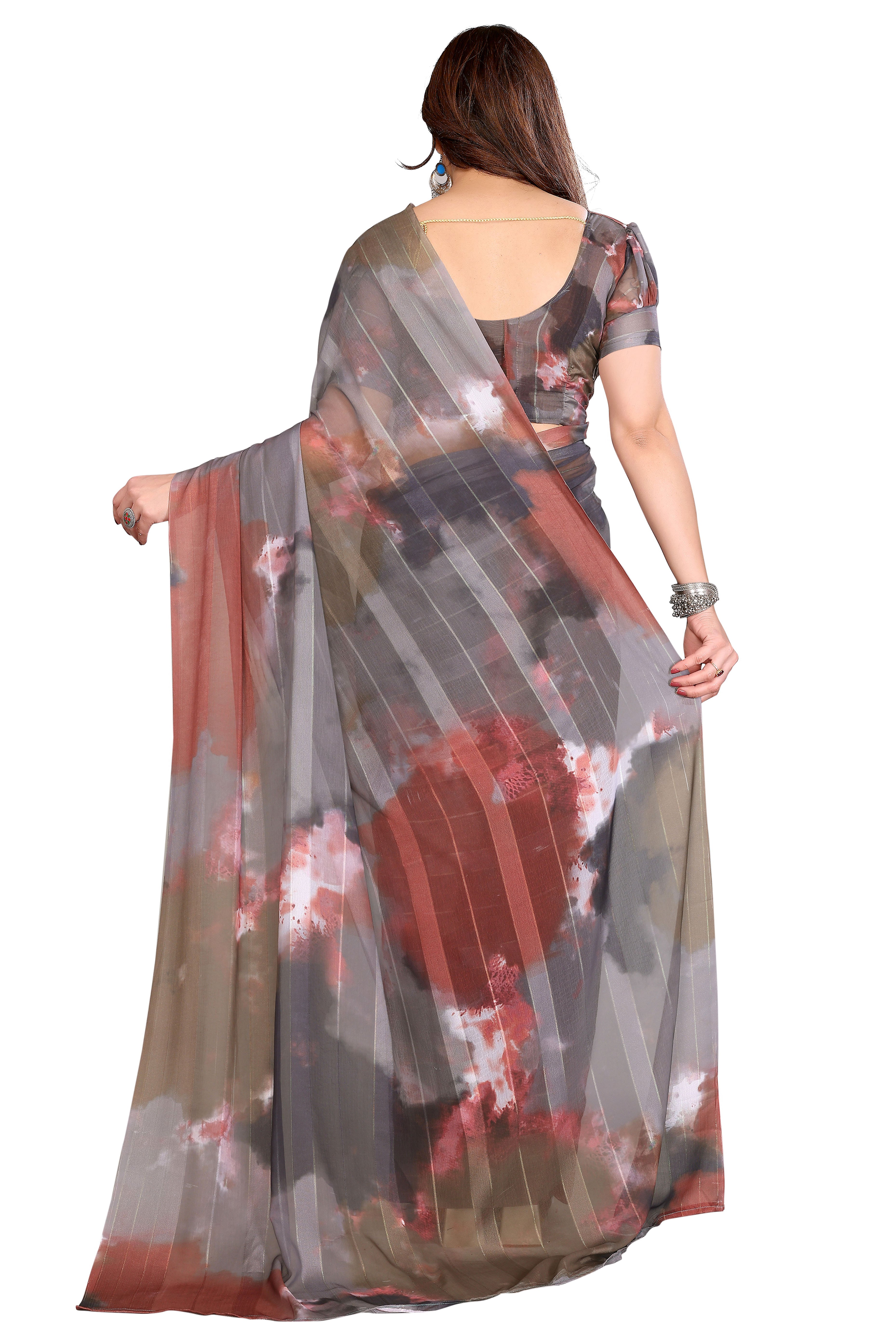 Luxury Multicolor Digital Print Georgette Saree With Subtle Zari Highlights & Vibrant Striped