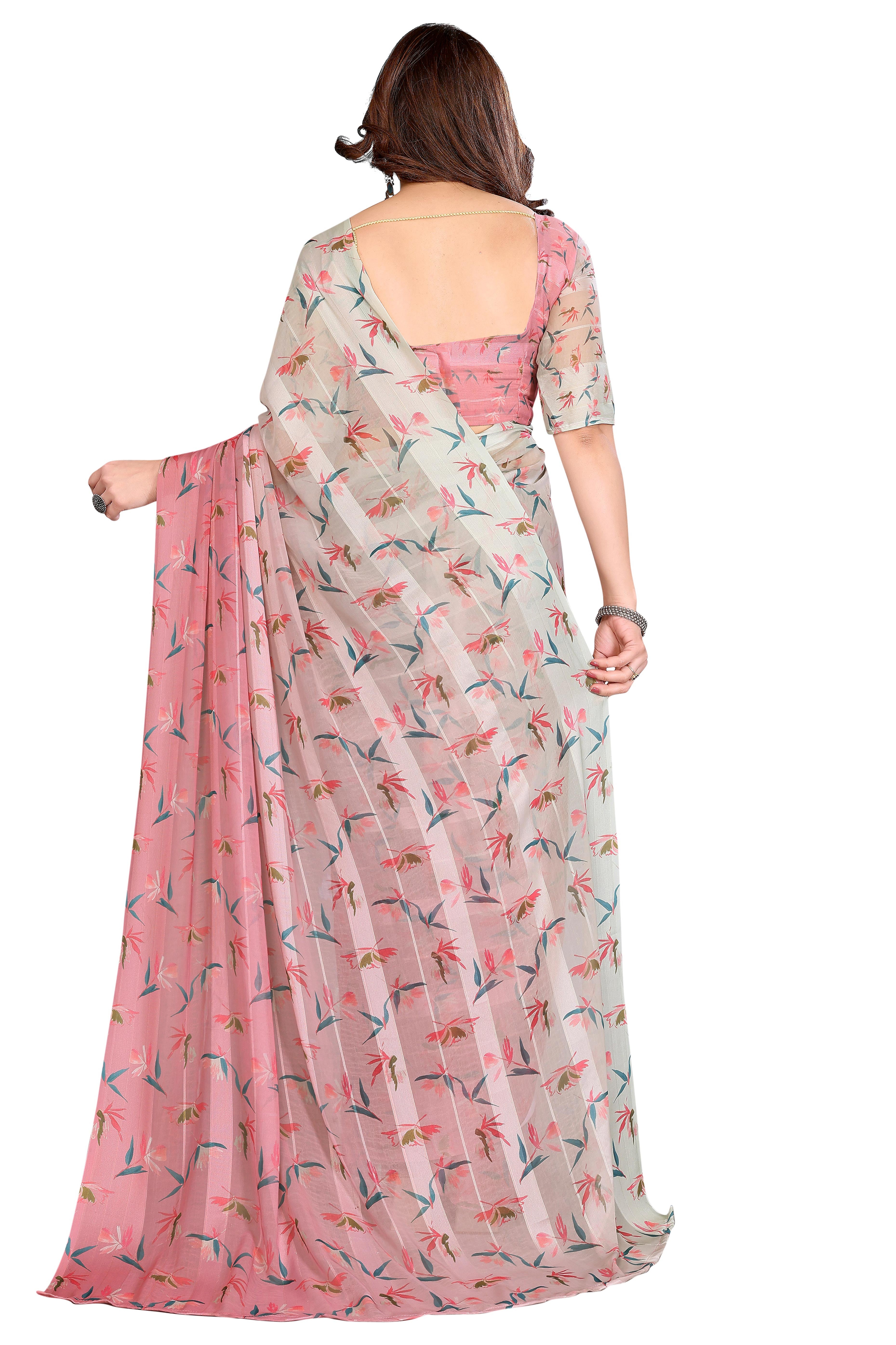 Luxury Pink & Beige Floral Digital Print Georgette Saree With Zari Highlights & Vibrant Striped