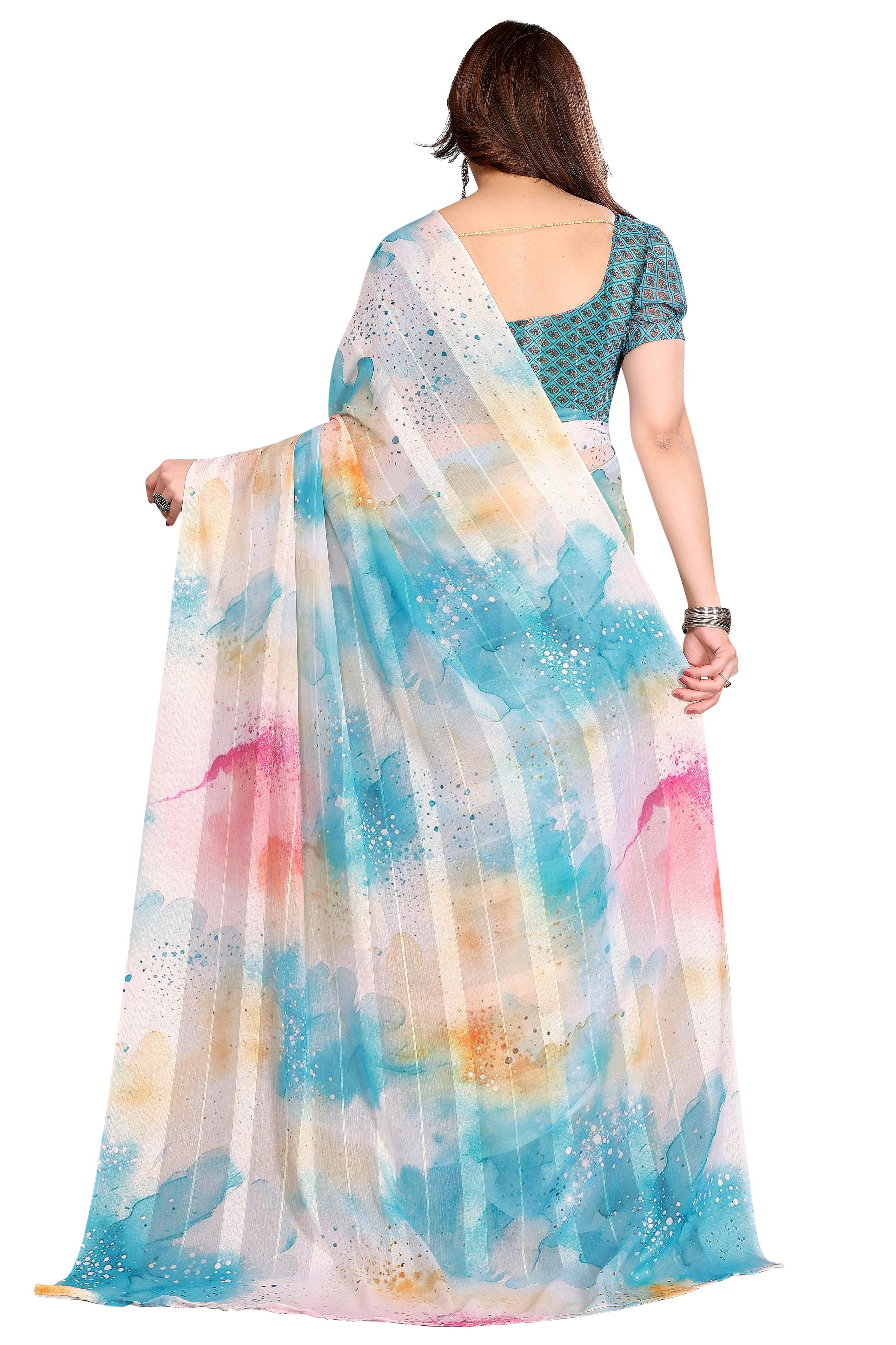 Luxury Multicolor Digital Print Georgette Saree With Subtle Zari Highlights & Vibrant Striped
