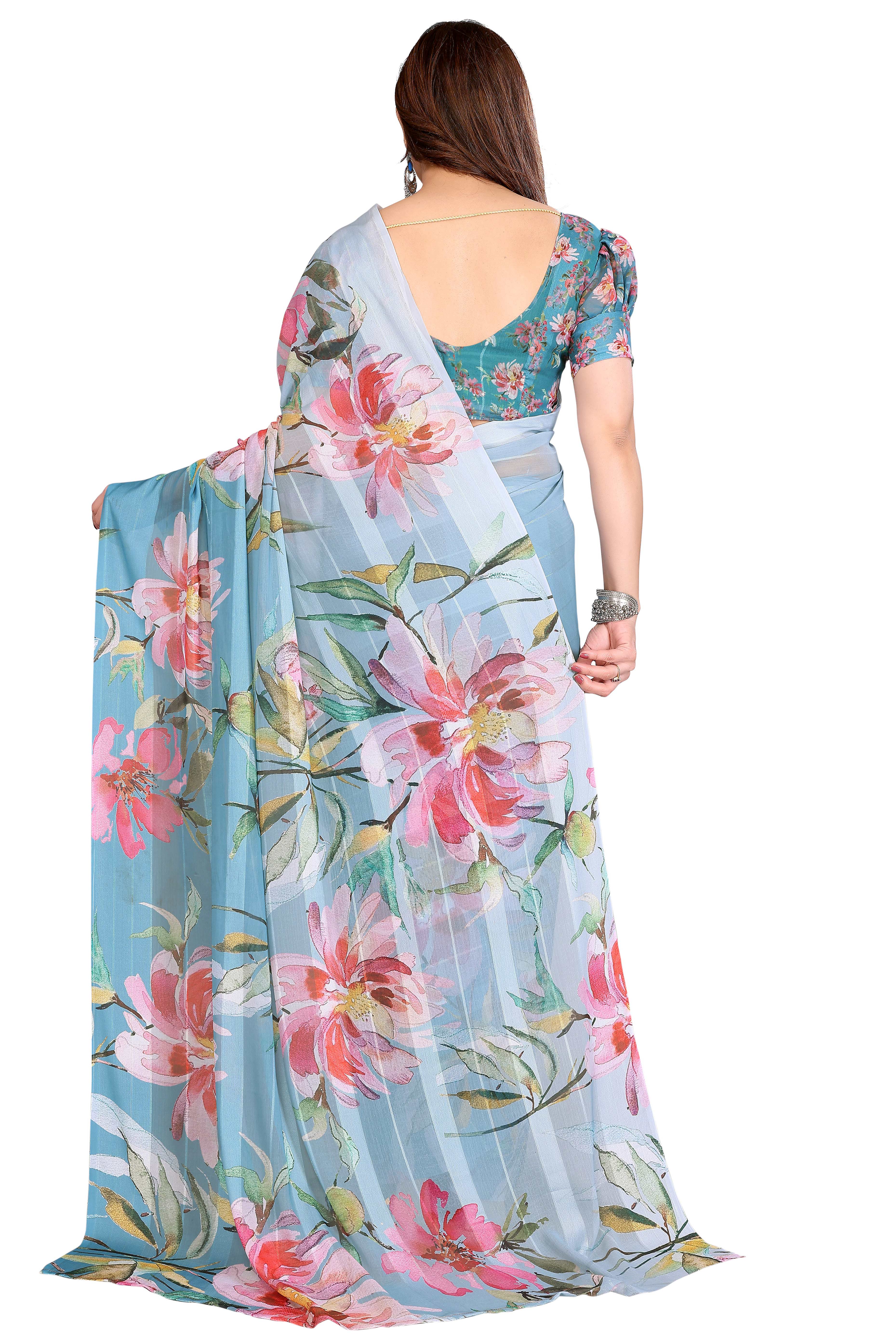 Luxury Blue Floral Digital Print Georgette Saree With Subtle Zari Highlights & Vibrant Striped
