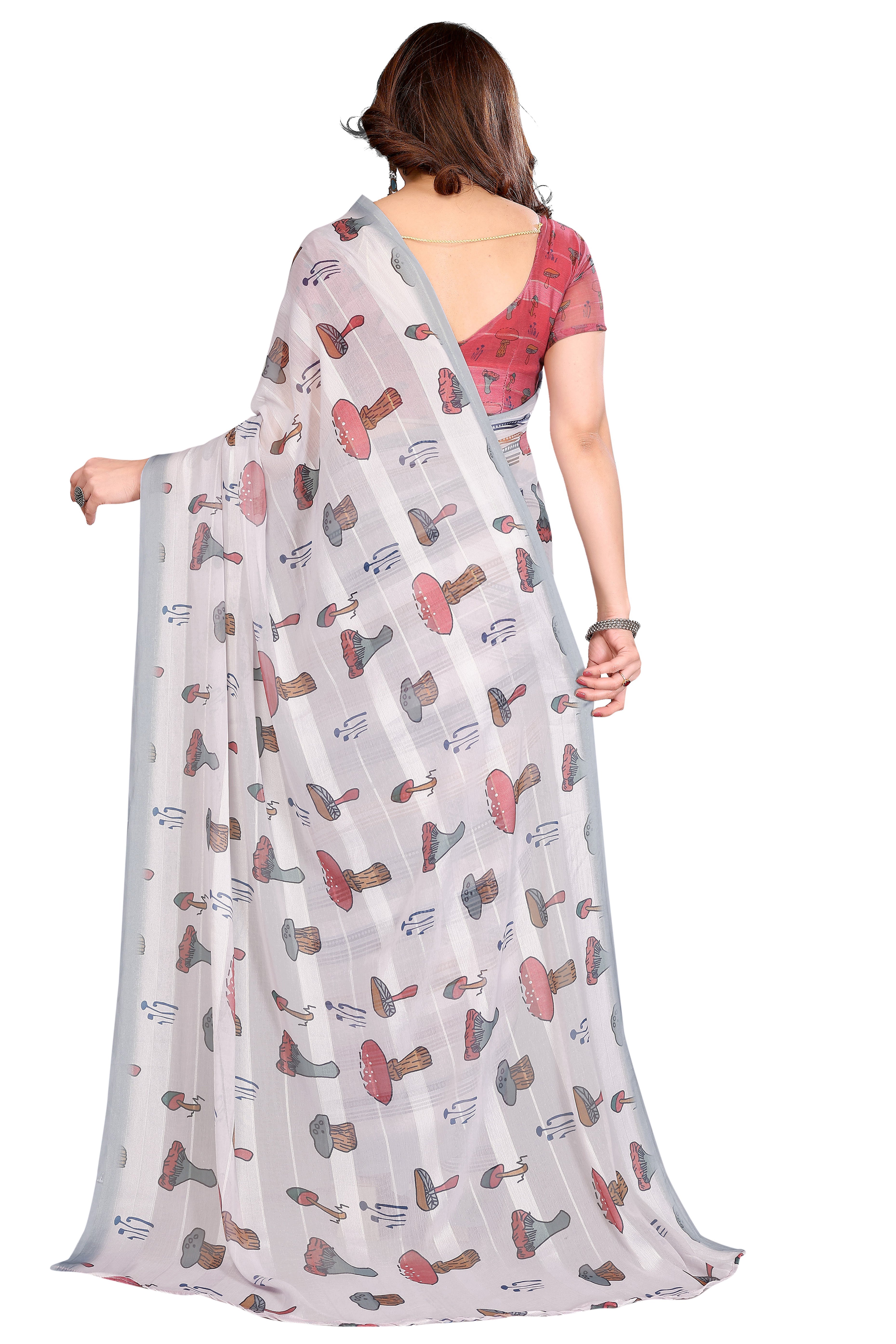 Luxury Offwhite Digital Print Georgette Saree With Subtle Zari Highlights & Vibrant Striped