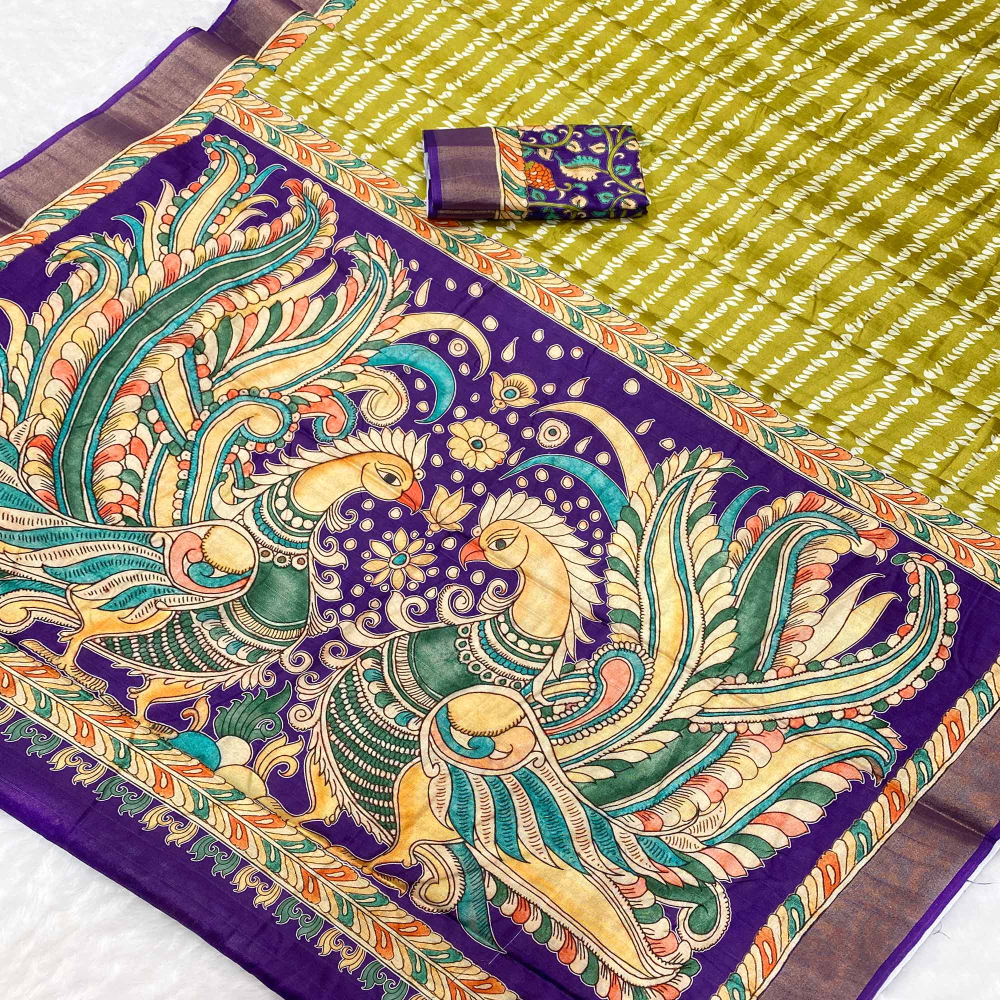 Mehendi Green Tusser Art Silk Saree Embellished With Peacock Print & Zari Border Work