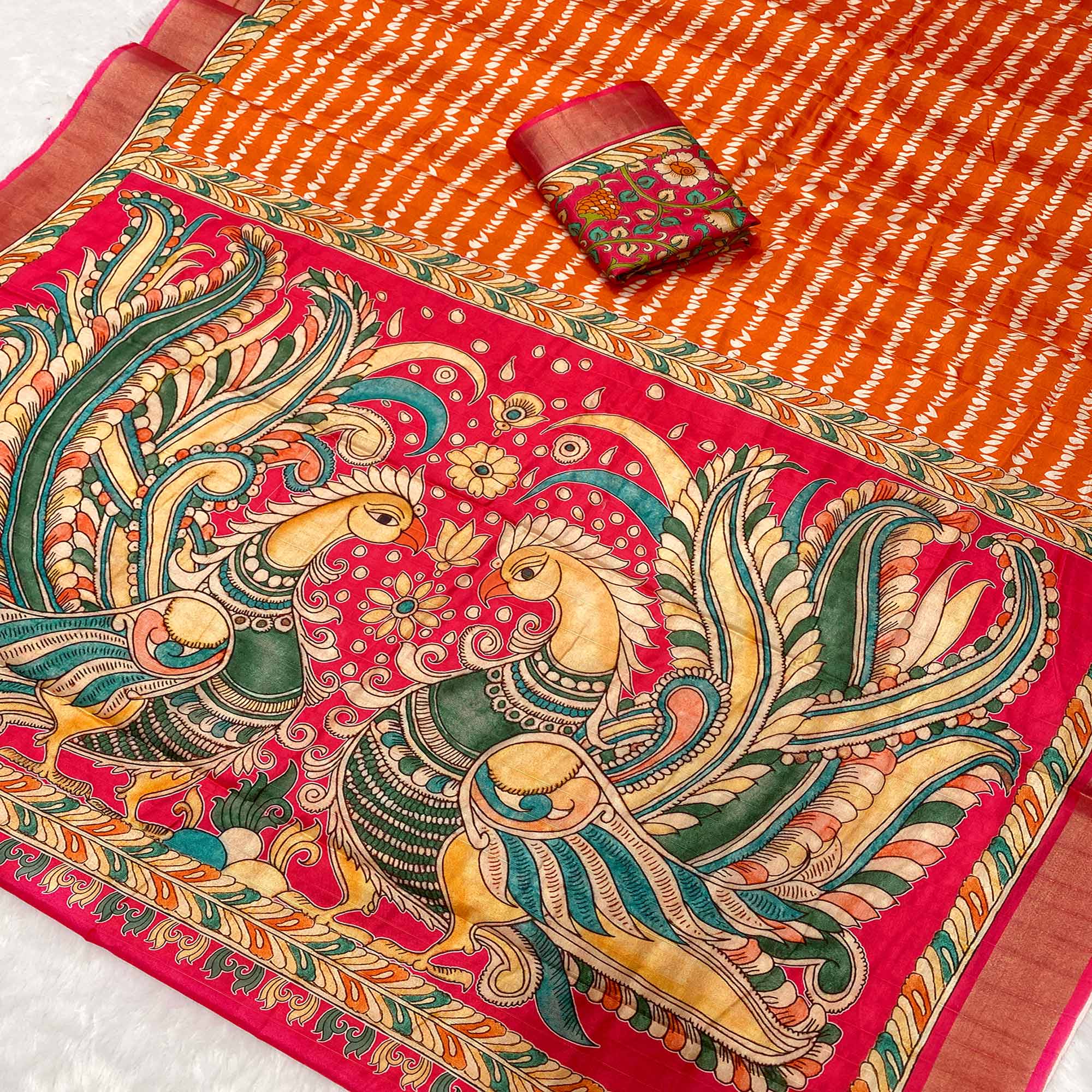 Orange Tusser Art Silk Saree Embellished With Peacock Print & Zari Border Work