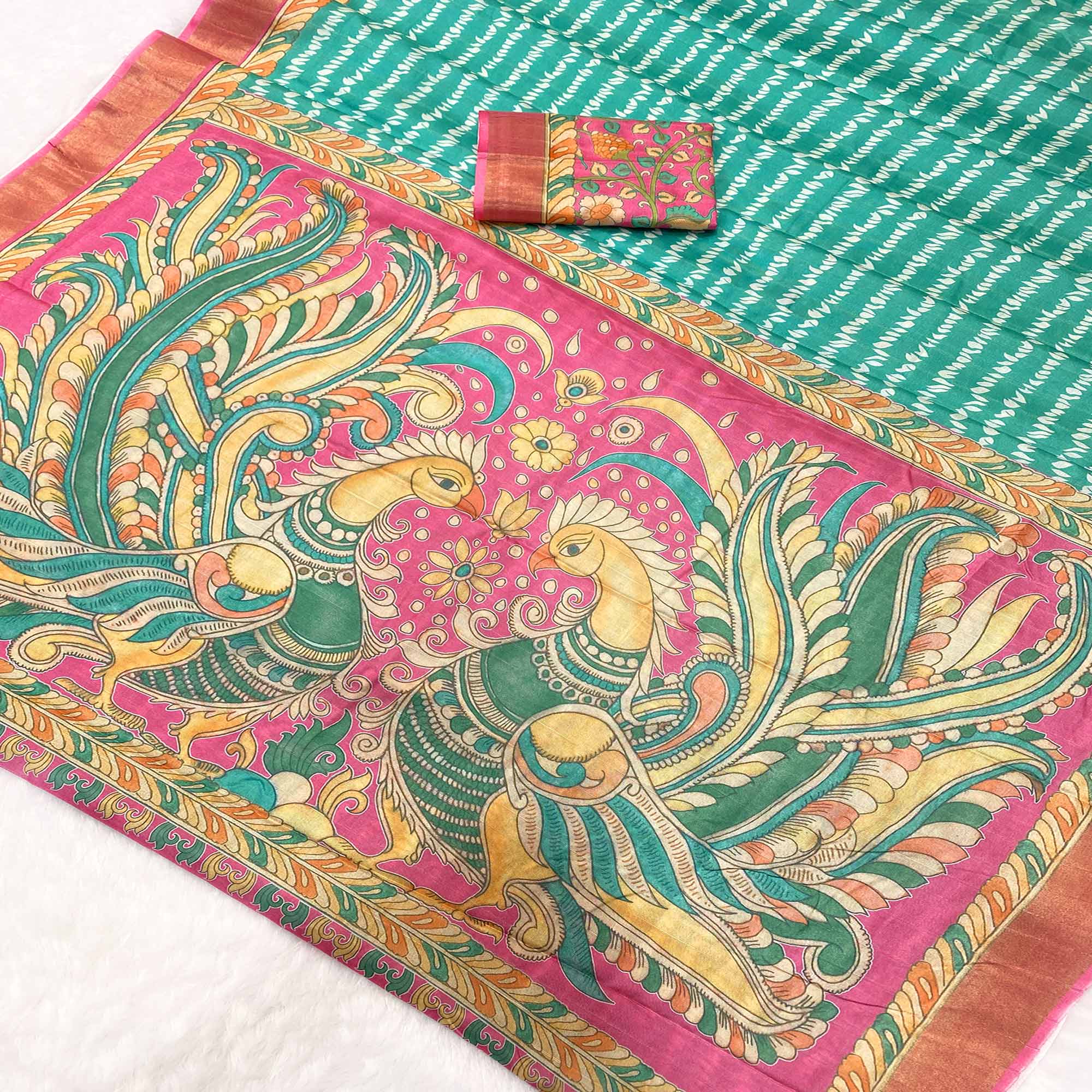 Turquoise Tusser Art Silk Saree Embellished With Peacock Print & Zari Border Work
