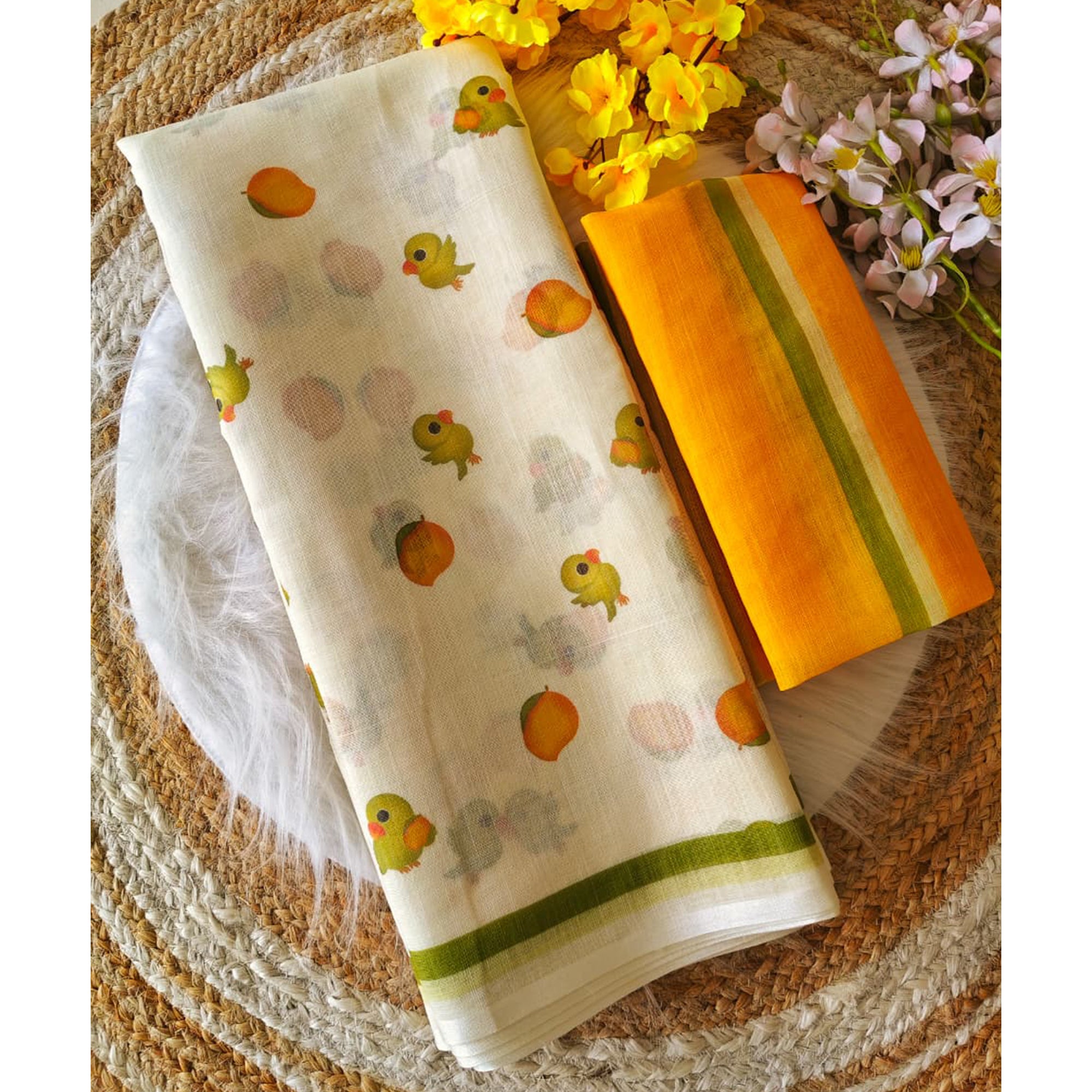 Minimalist Off White Linen Cotton Saree with Elegant Printed Patterns