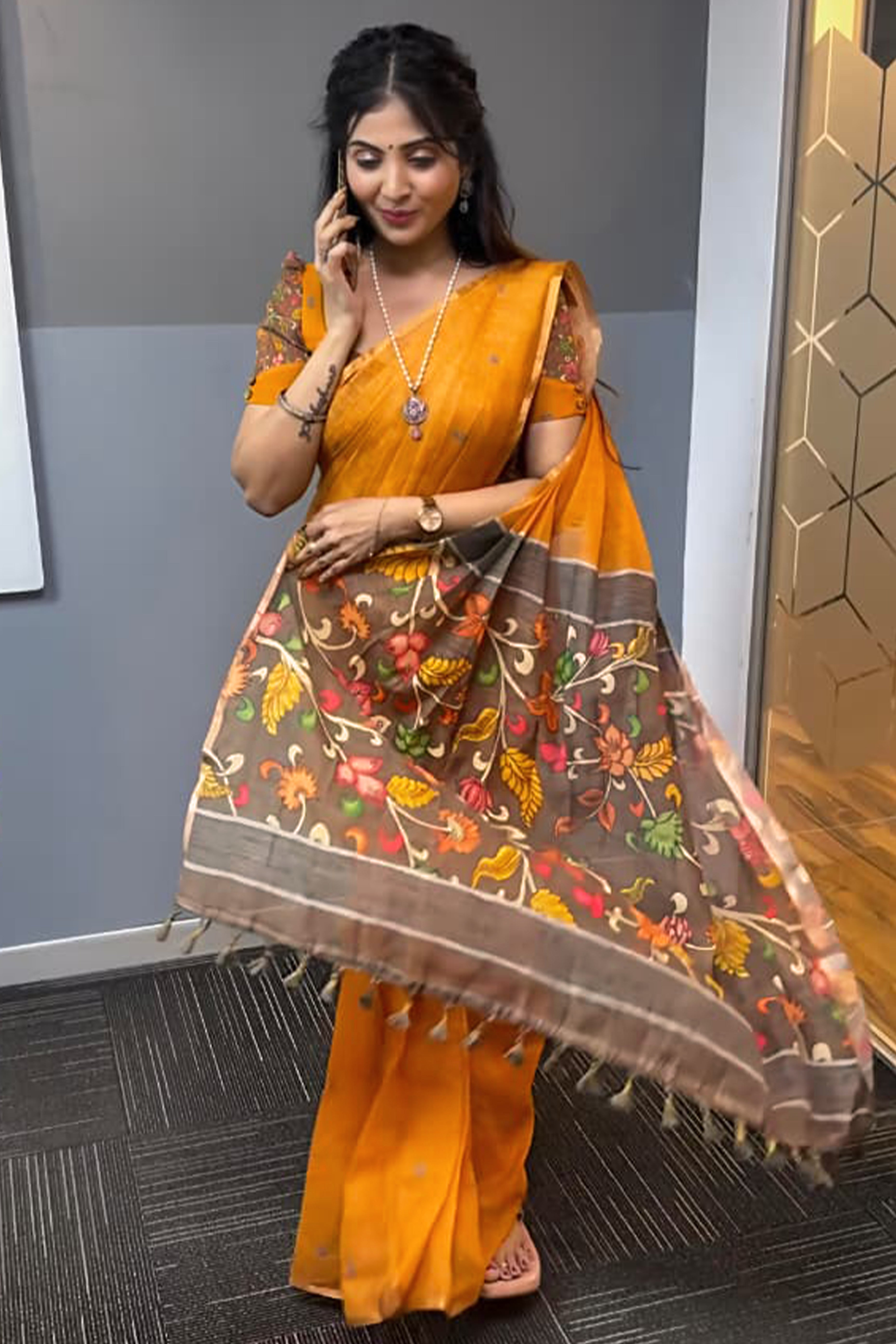 Minimalist Mustard Linen Cotton Saree with Elegant Printed Patterns