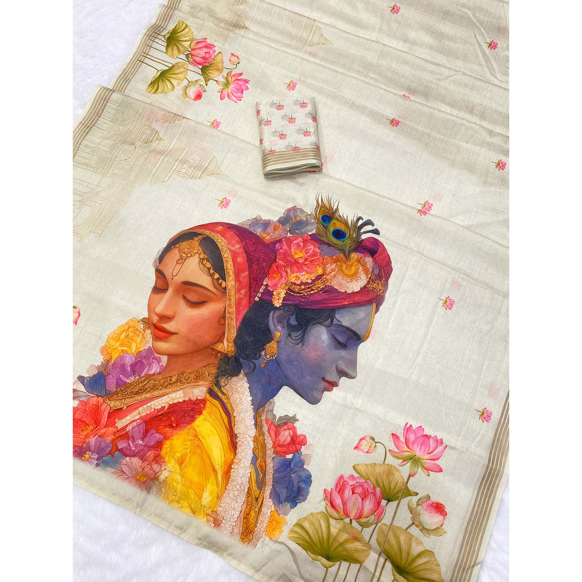 Cream Cotton Blend Tusser Saree Adorned With Radha Krishna & Floral Print With Zari Border