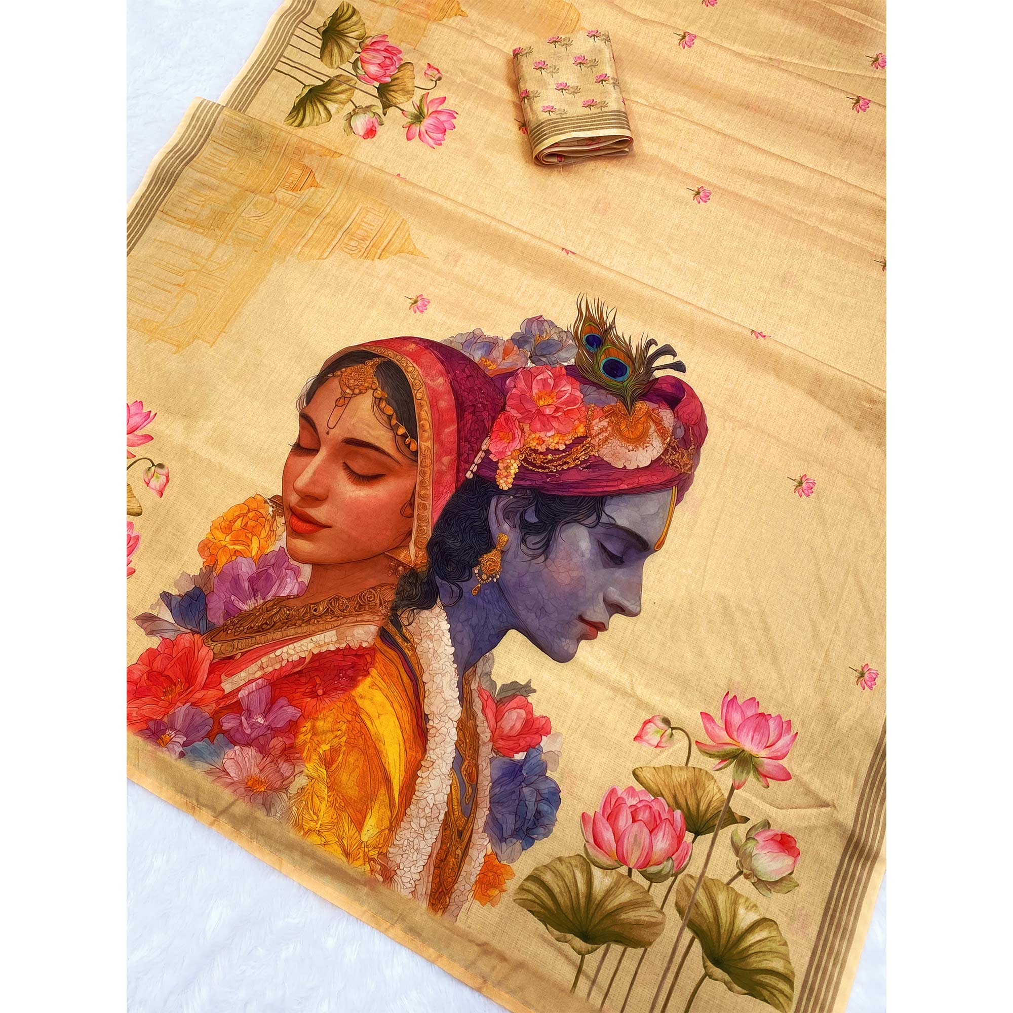 Mellow Yellow Cotton Blend Tusser Saree Adorned With Radha Krishna & Floral Print With Zari Border