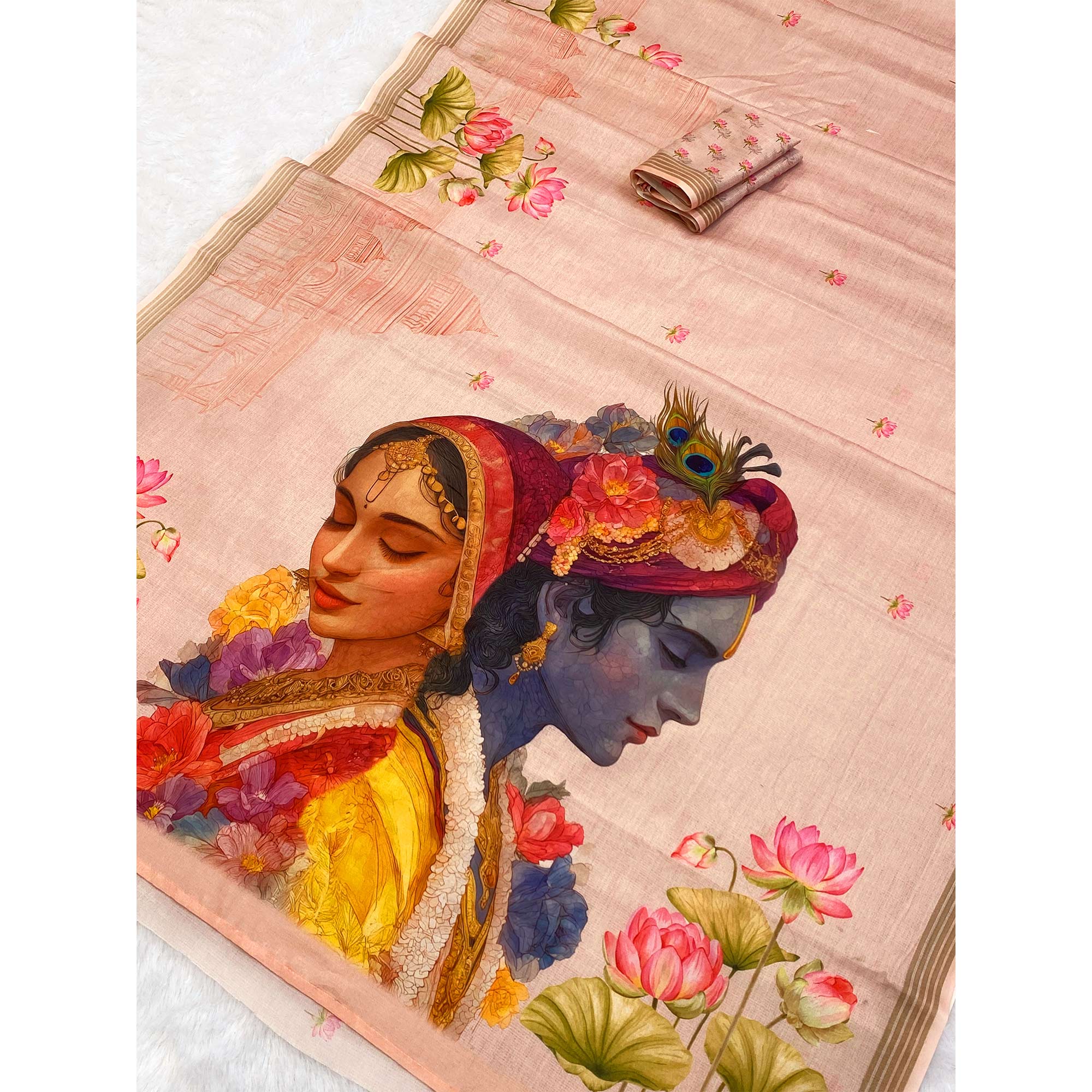Peach Cotton Blend Tusser Saree Adorned With Radha Krishna & Floral Print With Zari Border