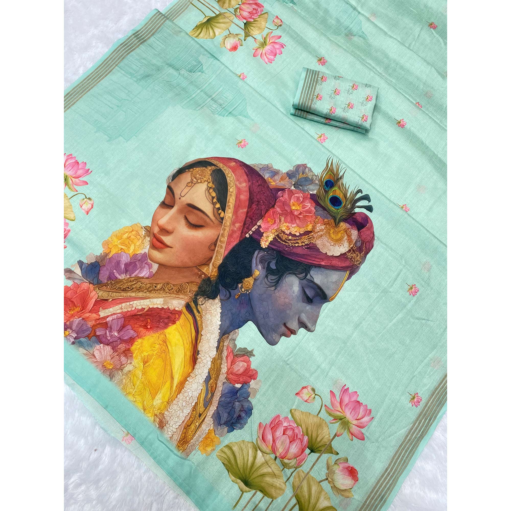 Turquoise Cotton Blend Tusser Saree Adorned With Radha Krishna & Floral Print With Zari Border