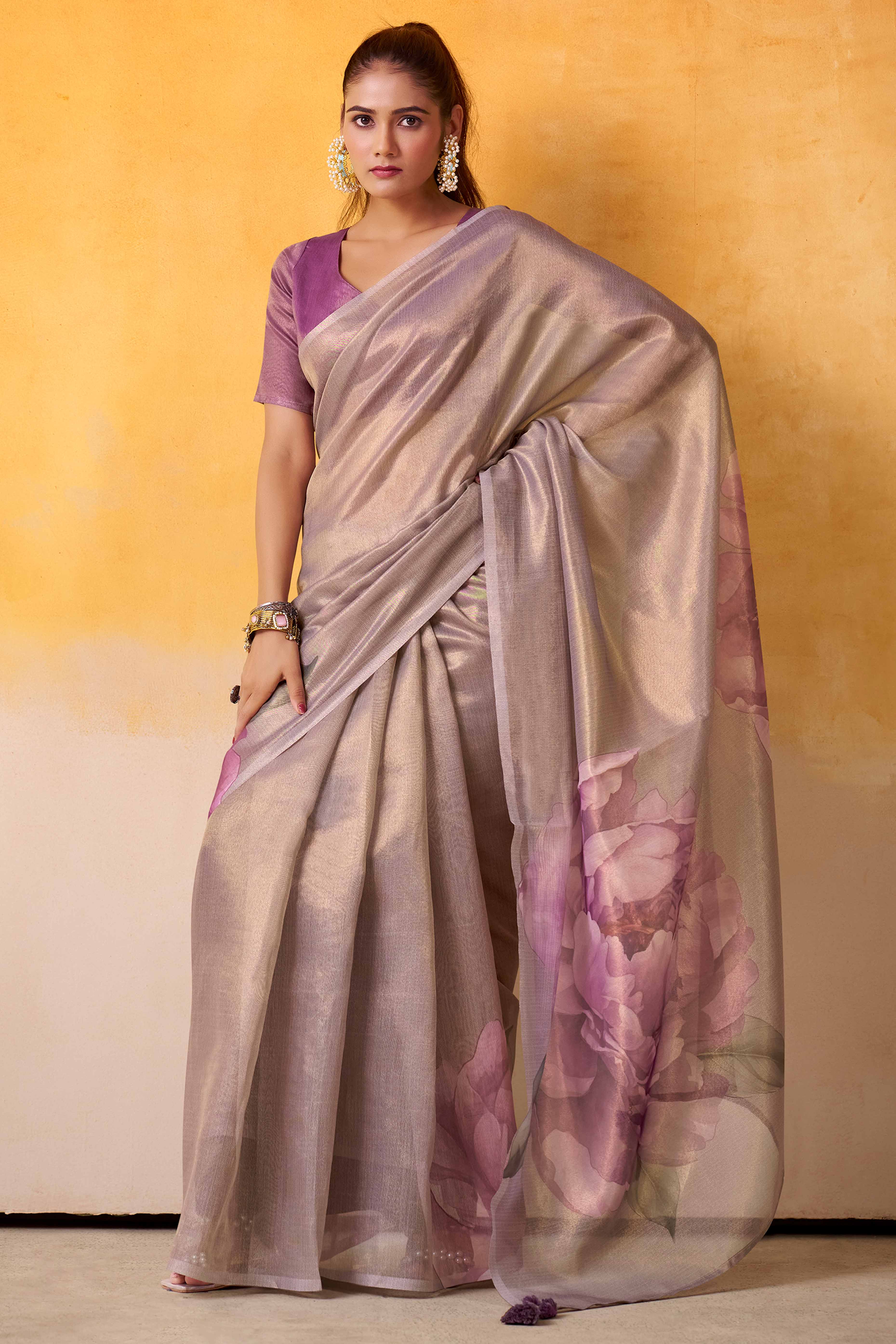 Sophisticated Light Lavender Floral Digital Print Tissue Saree Enhanced With Handmade Tassels