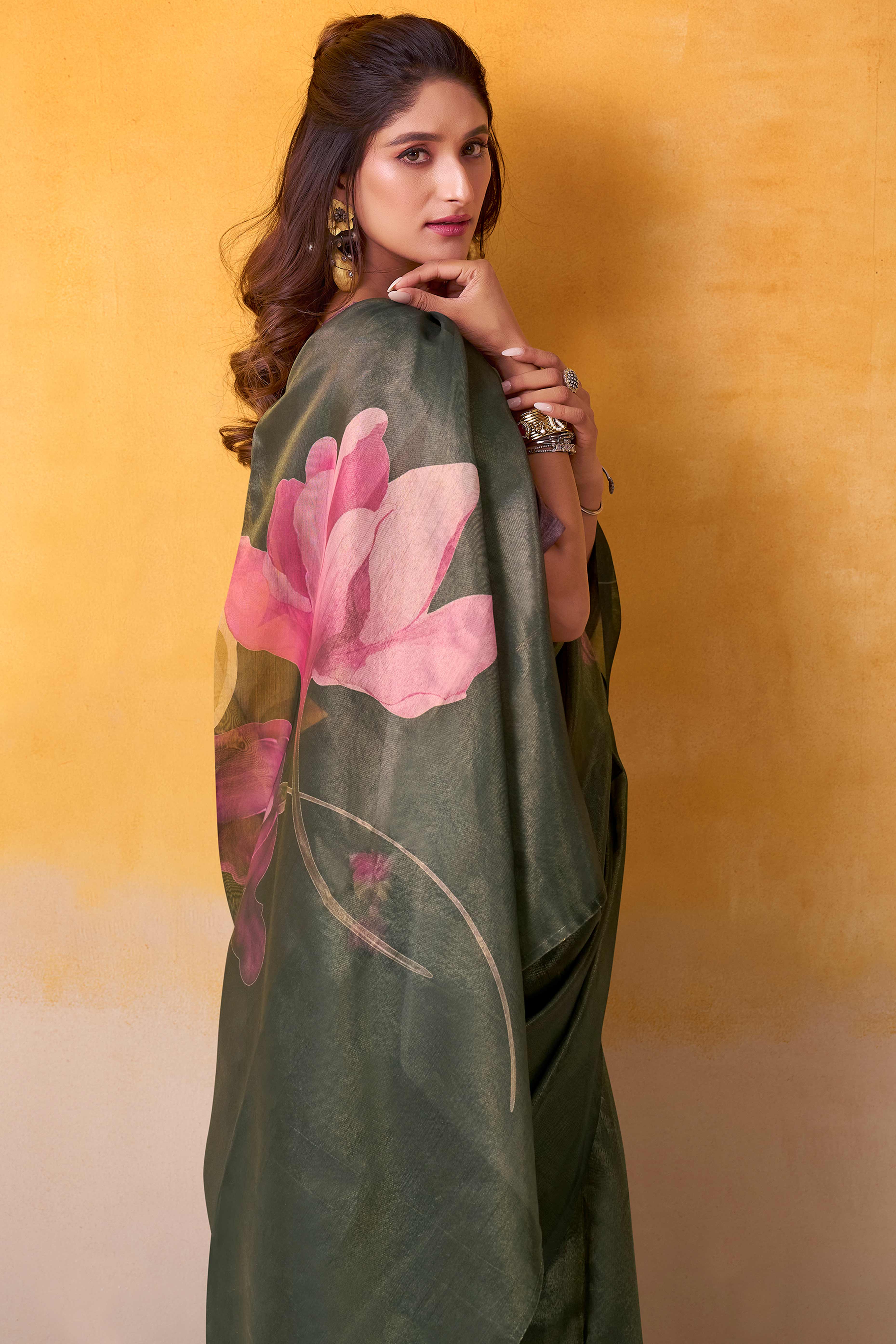 Sophisticated Black Floral Digital Print Tissue Saree Enhanced With Handmade Tassels