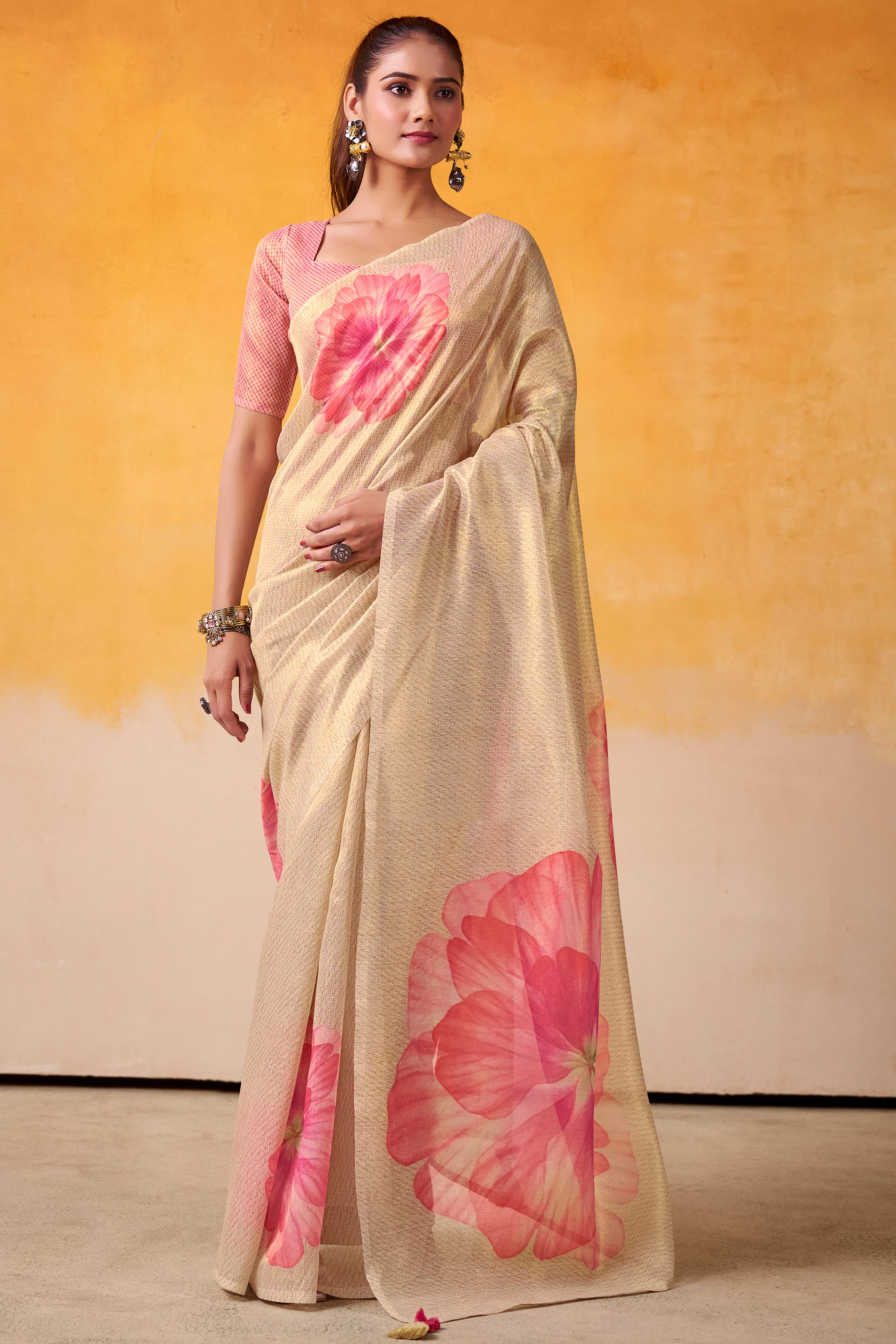 Sophisticated Cream Floral Digital Print Tissue Saree Enhanced With Handmade Tassels
