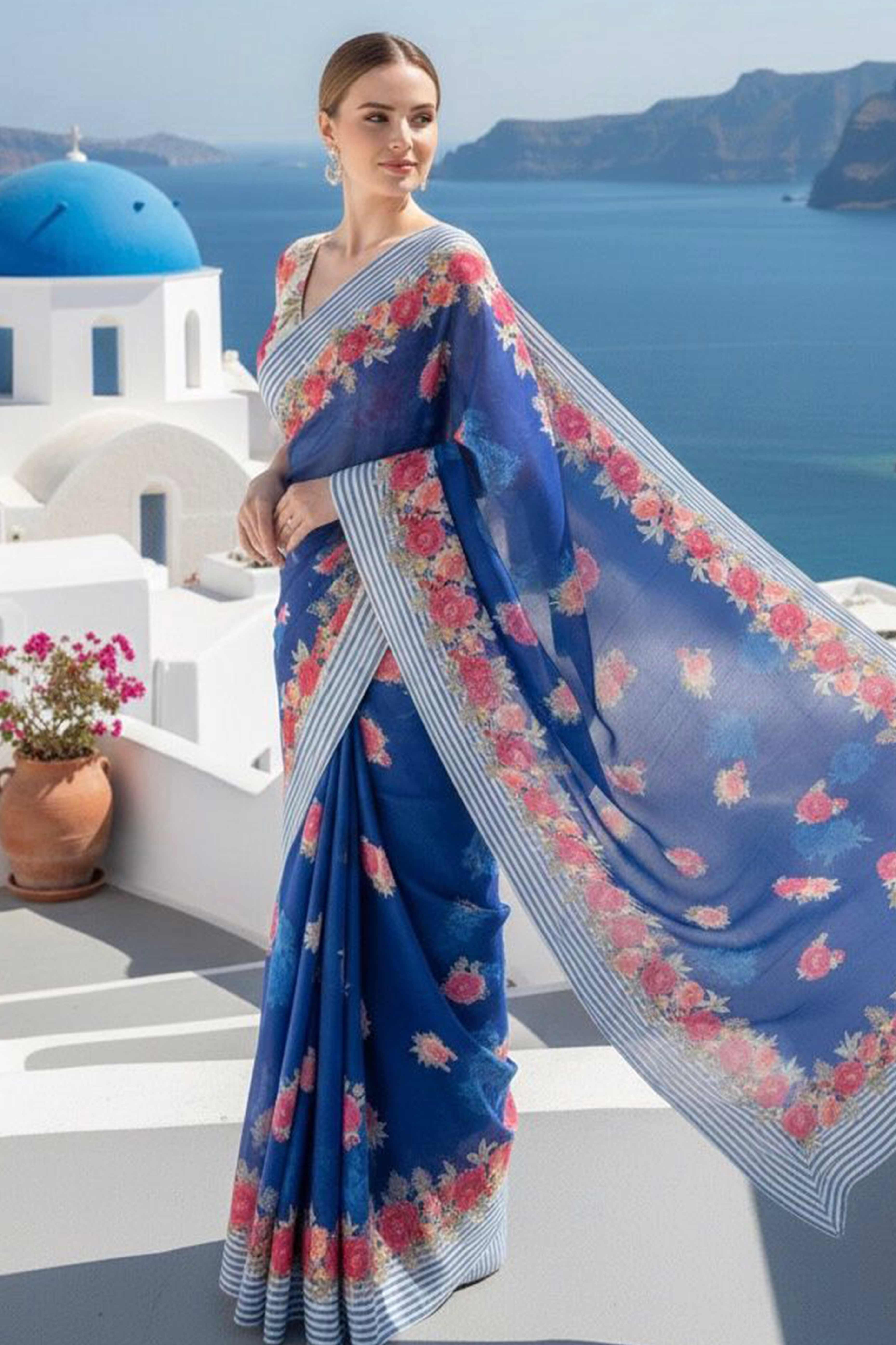 Vibrant Royal Blue Georgette Saree Adorned with Floral Digital Print & Satin Border