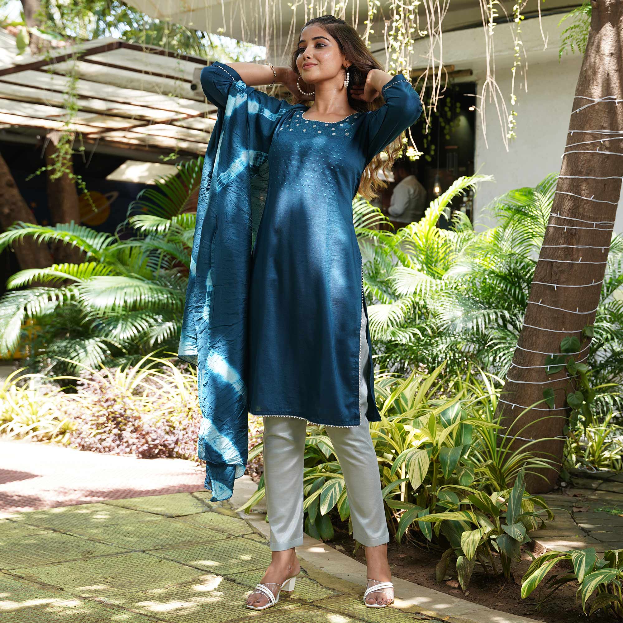 Blue Floral Embroidered Cotton Silk Salwar Suit