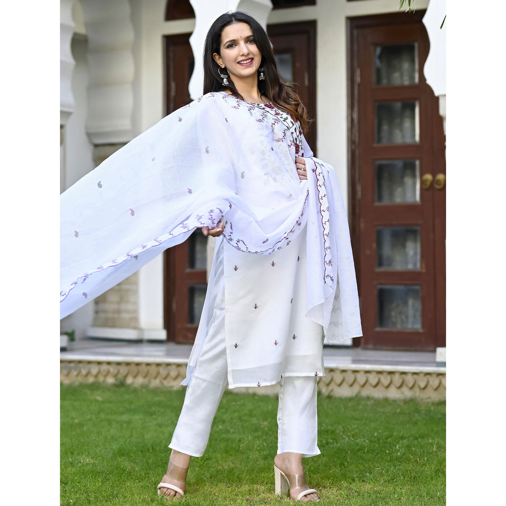 White Floral Sequins Embroidered Kota Doria Salwar Suit
