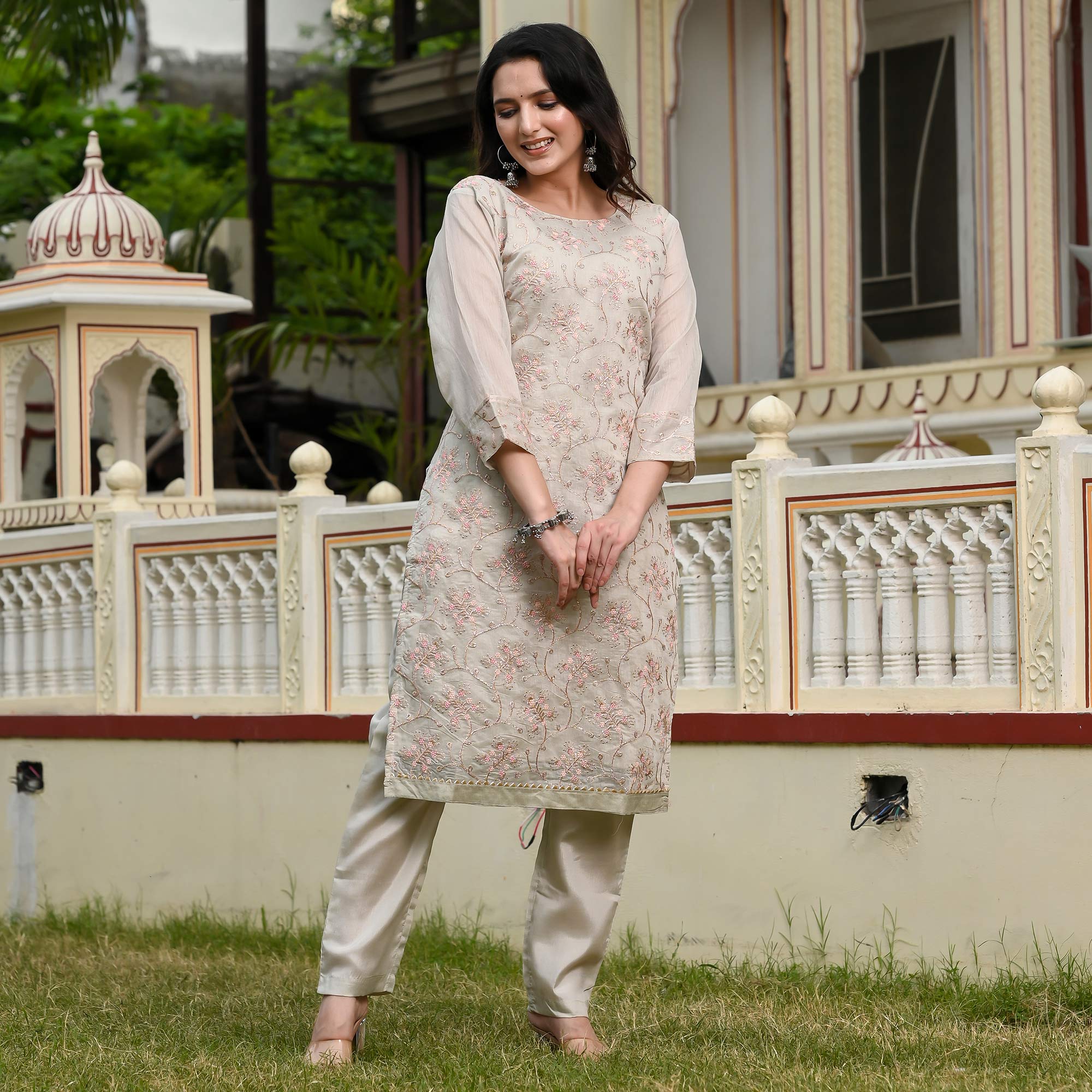 Grey Floral Embroidered Chanderi Salwar Suit