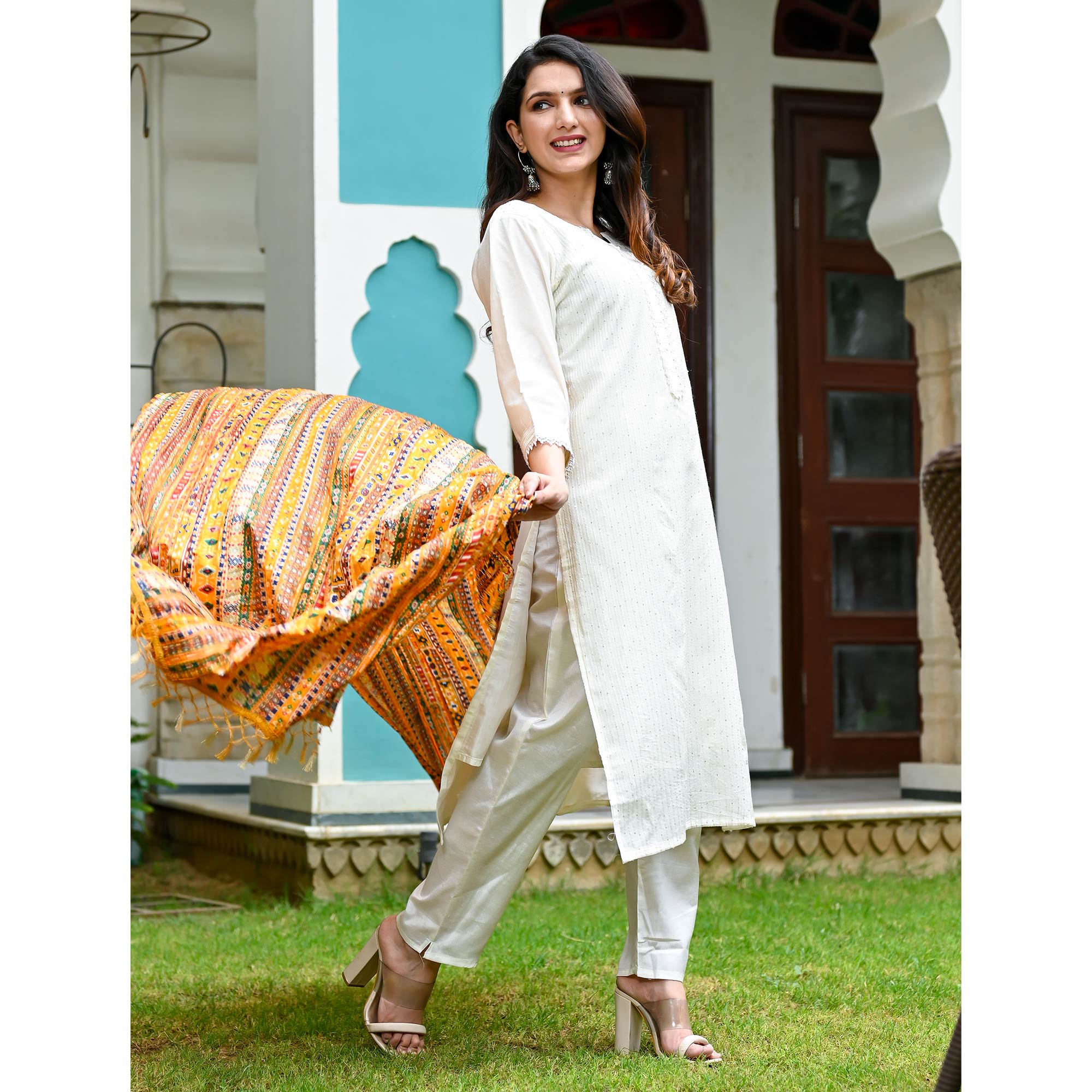 Off white Sequins Embroidered Chanderi Dress Material