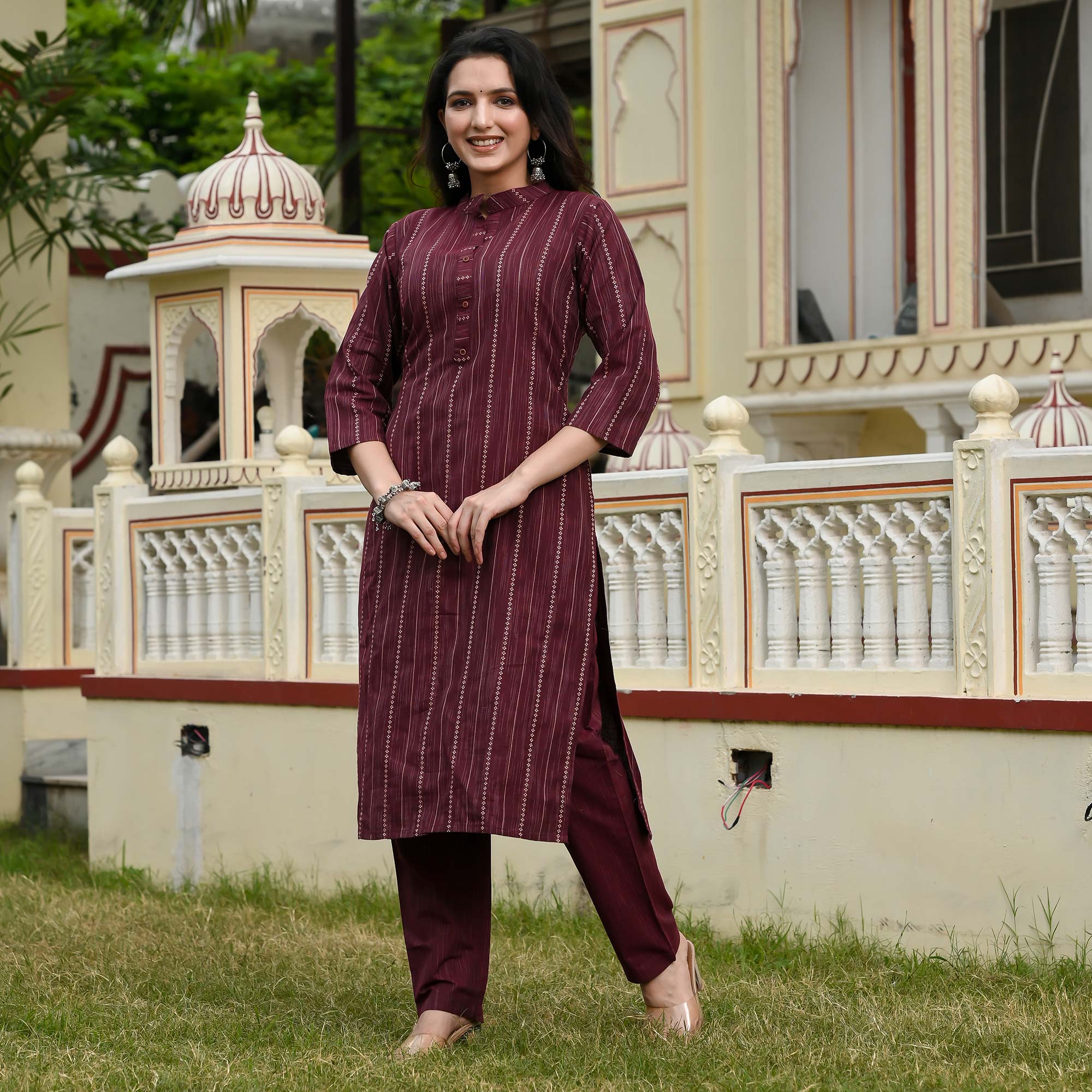 Wine Woven Cotton Blend Salwar Suit