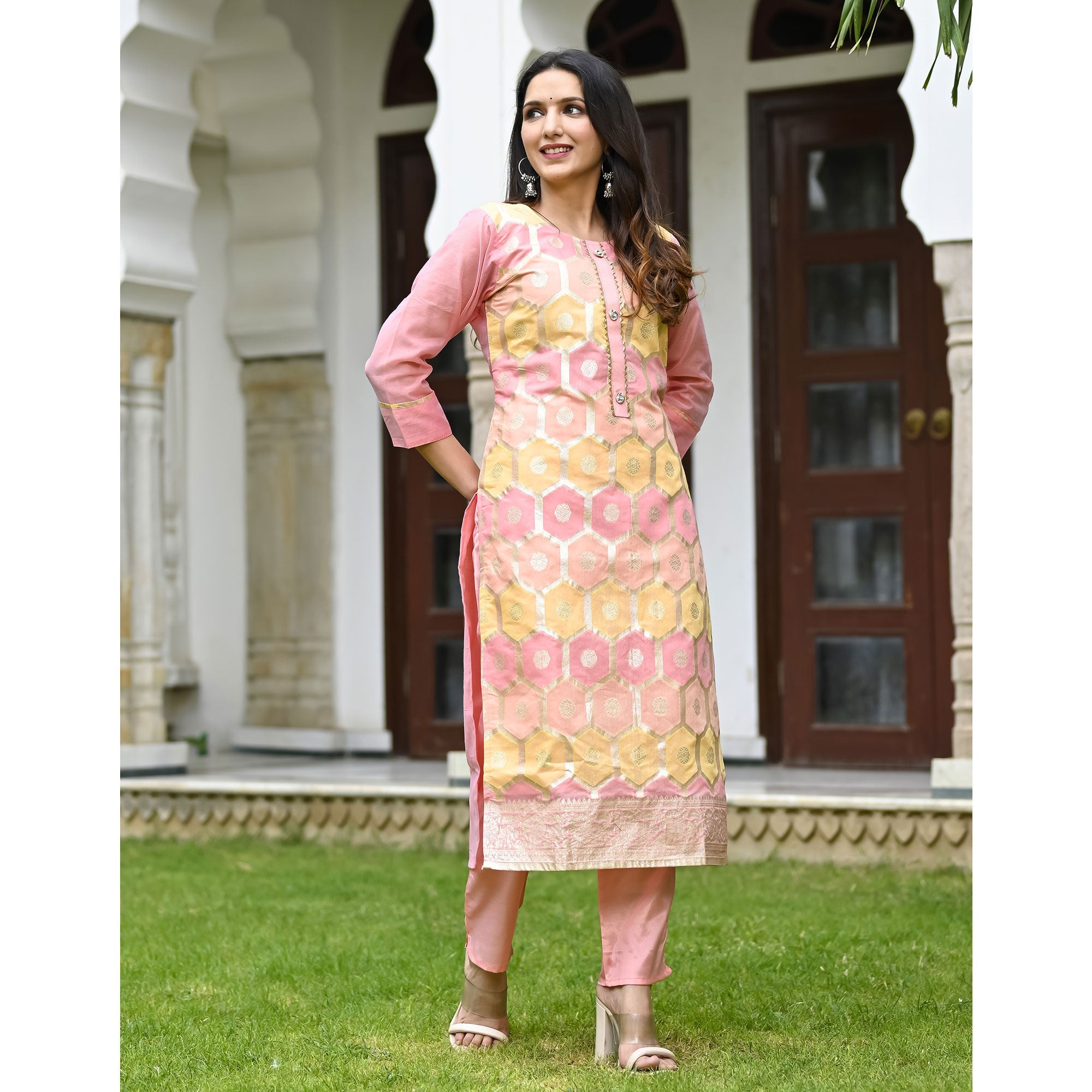 Pink Woven Banarasi Silk Salwar Suit