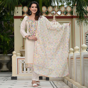 White Floral Embroidered Chanderi Dress Material