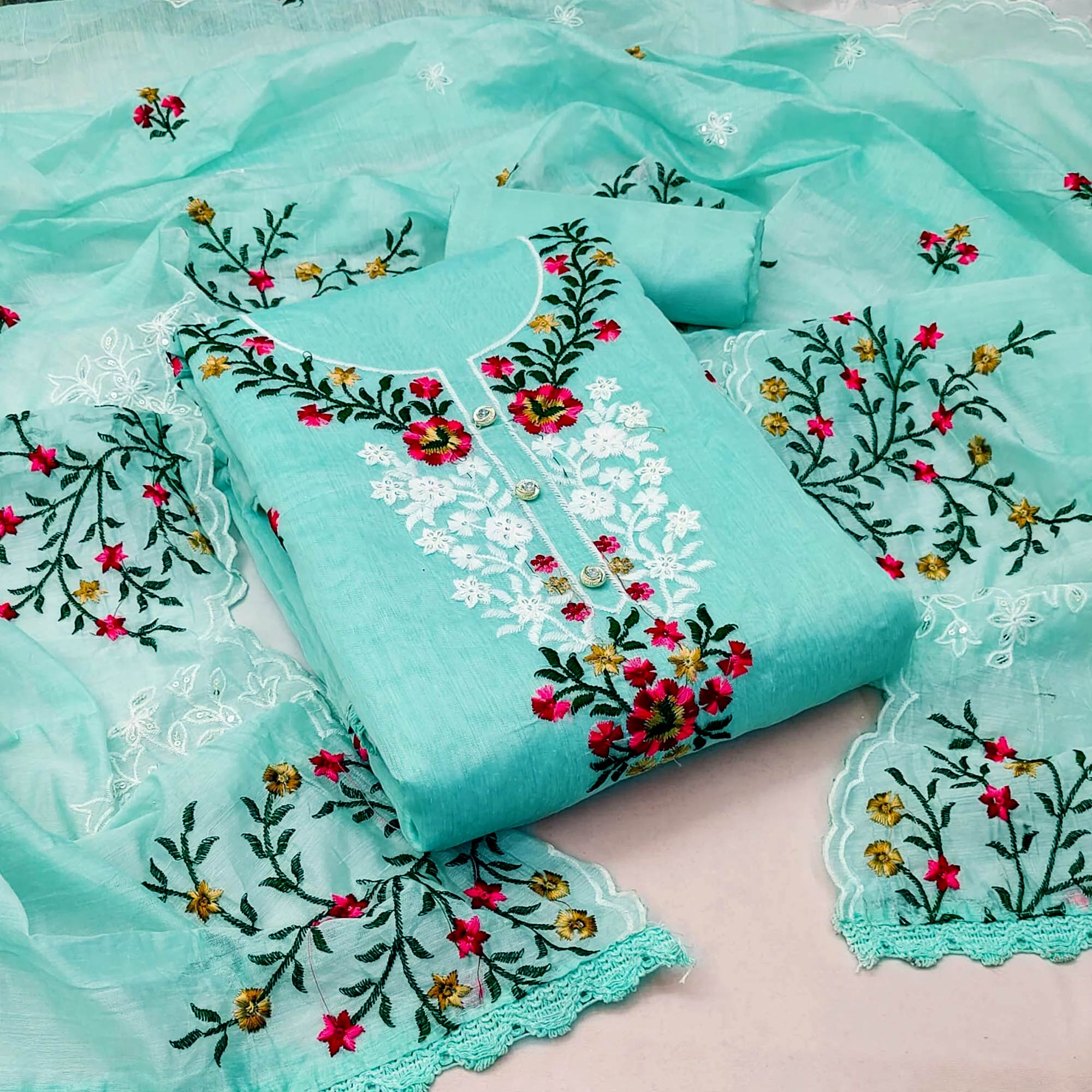 Sea Green Floral Embroidered Chanderi Dress Material