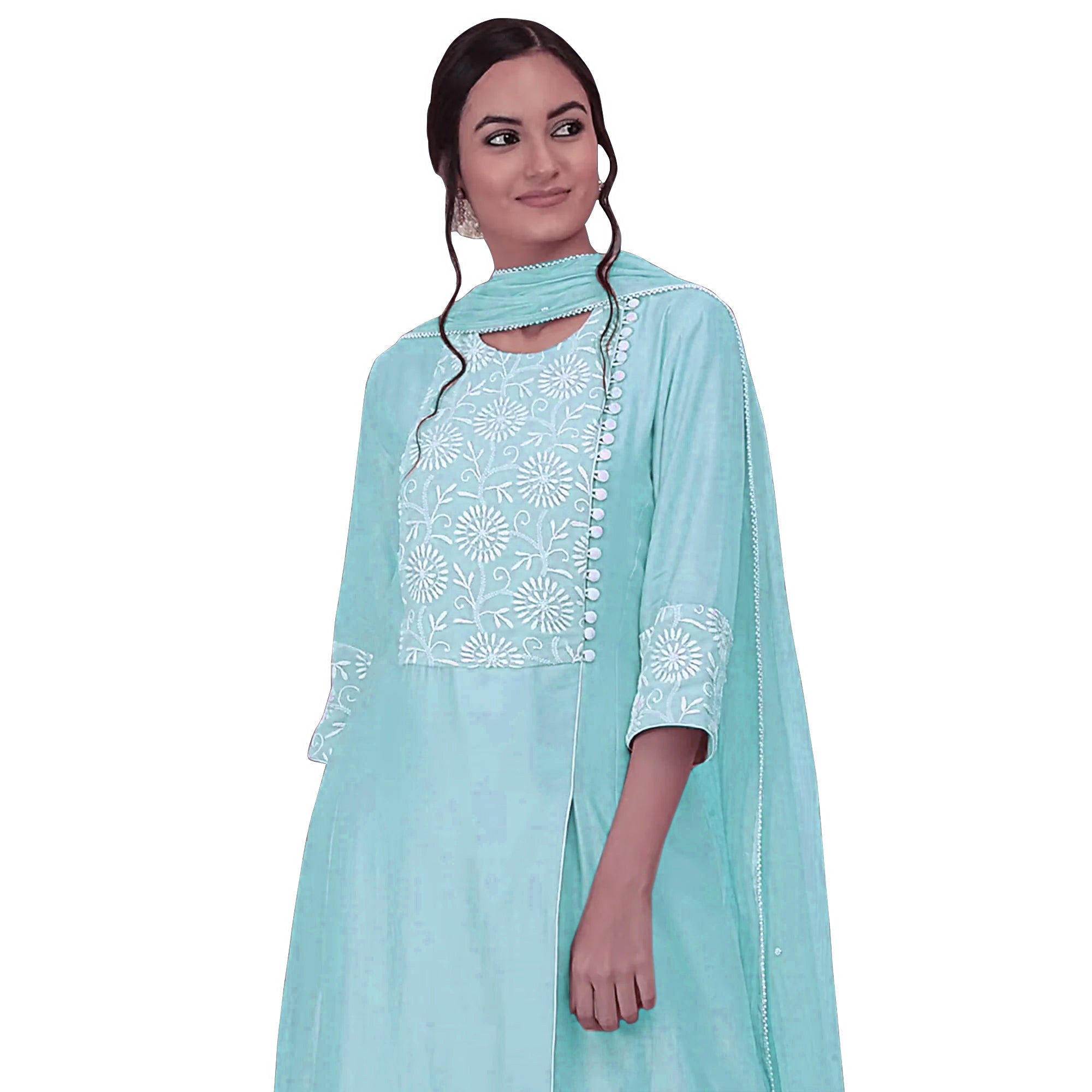 Sea Blue Floral Embroidered Viscose Suit