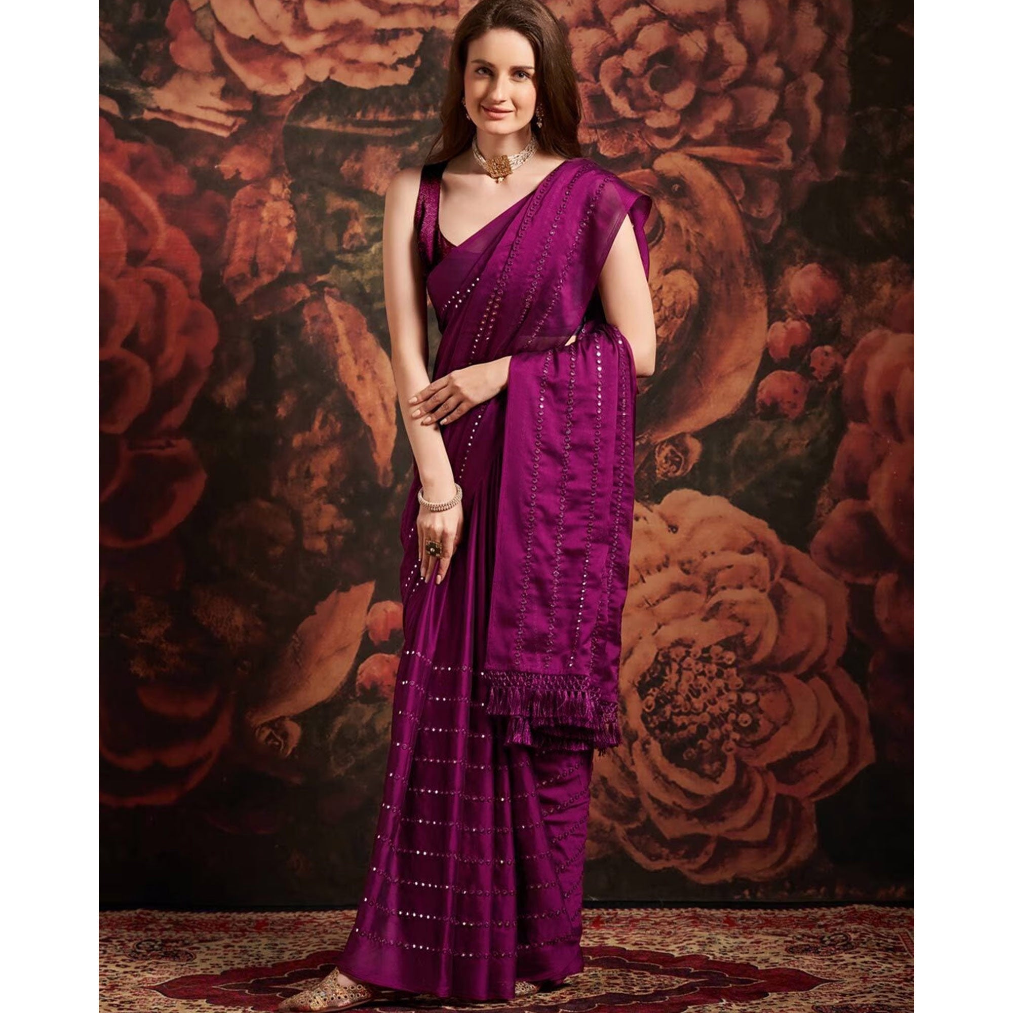 Wine Embroidered Art Silk Saree