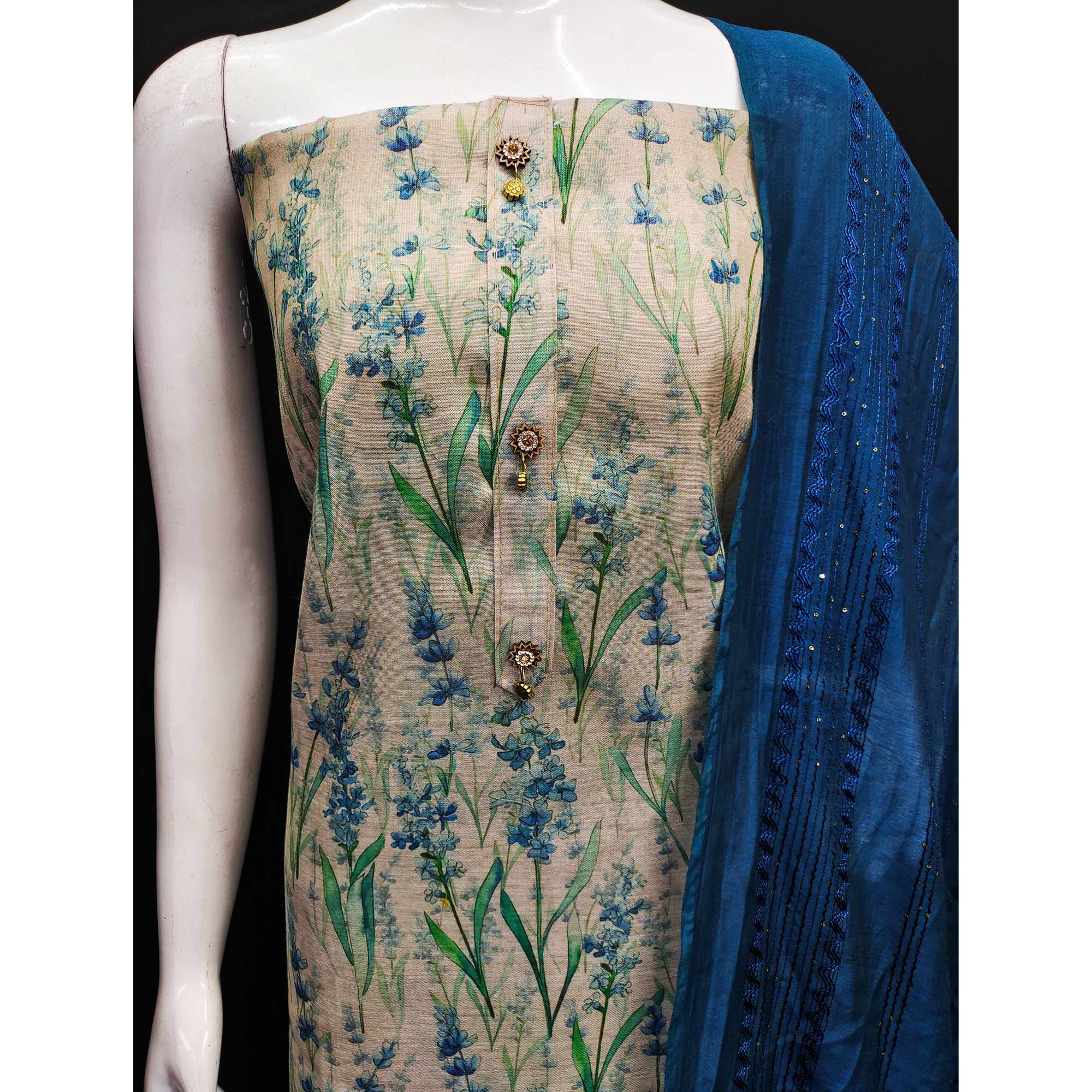 Beige Floral Printed Cotton Silk Dress Material