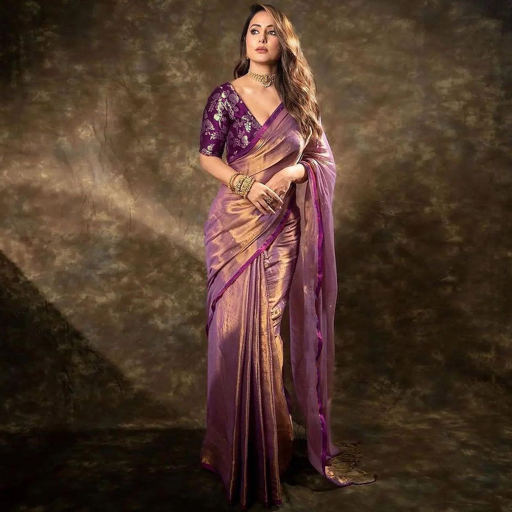 Purple Solid Net Silk Saree