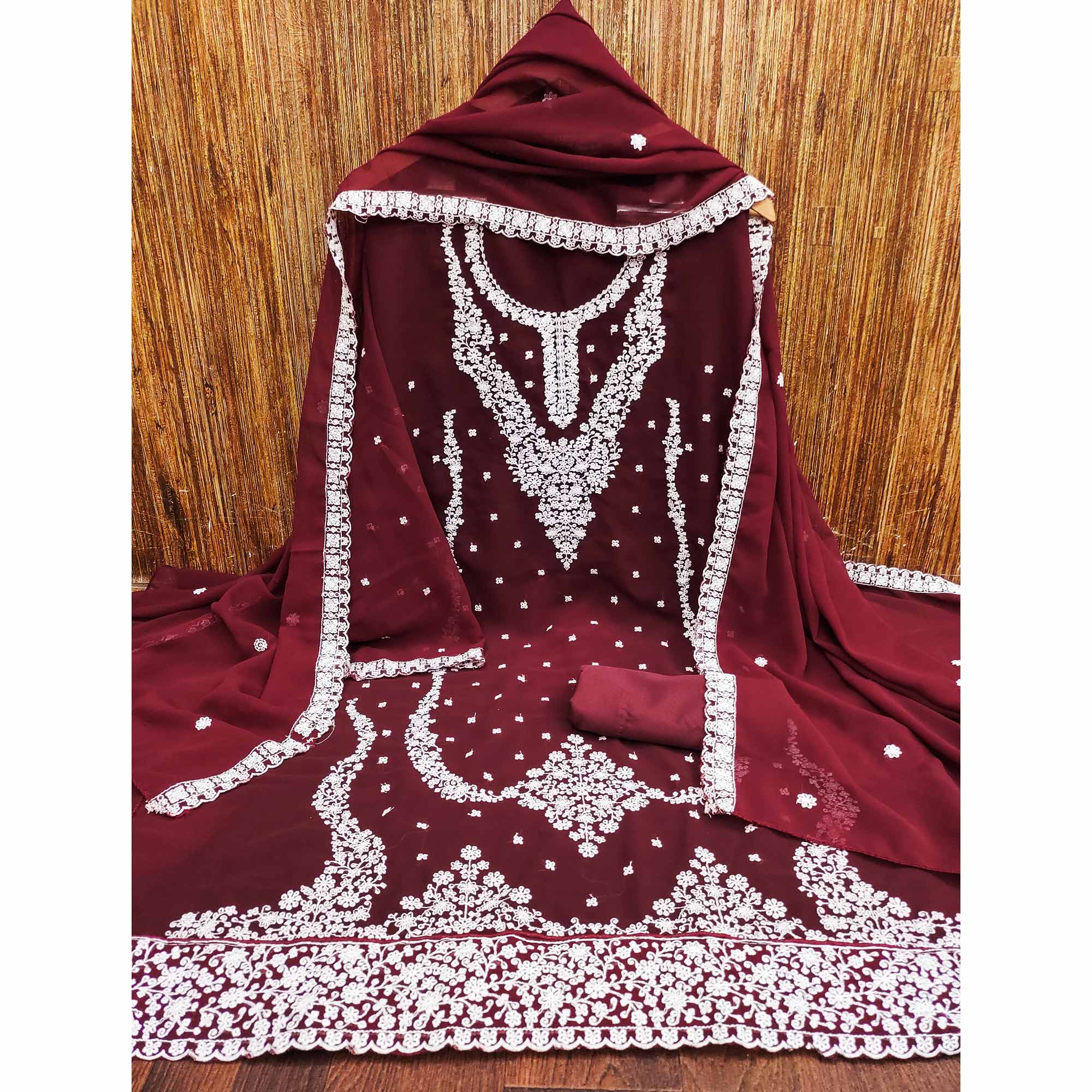 Maroon Floral Embroidered Georgette Dress Material