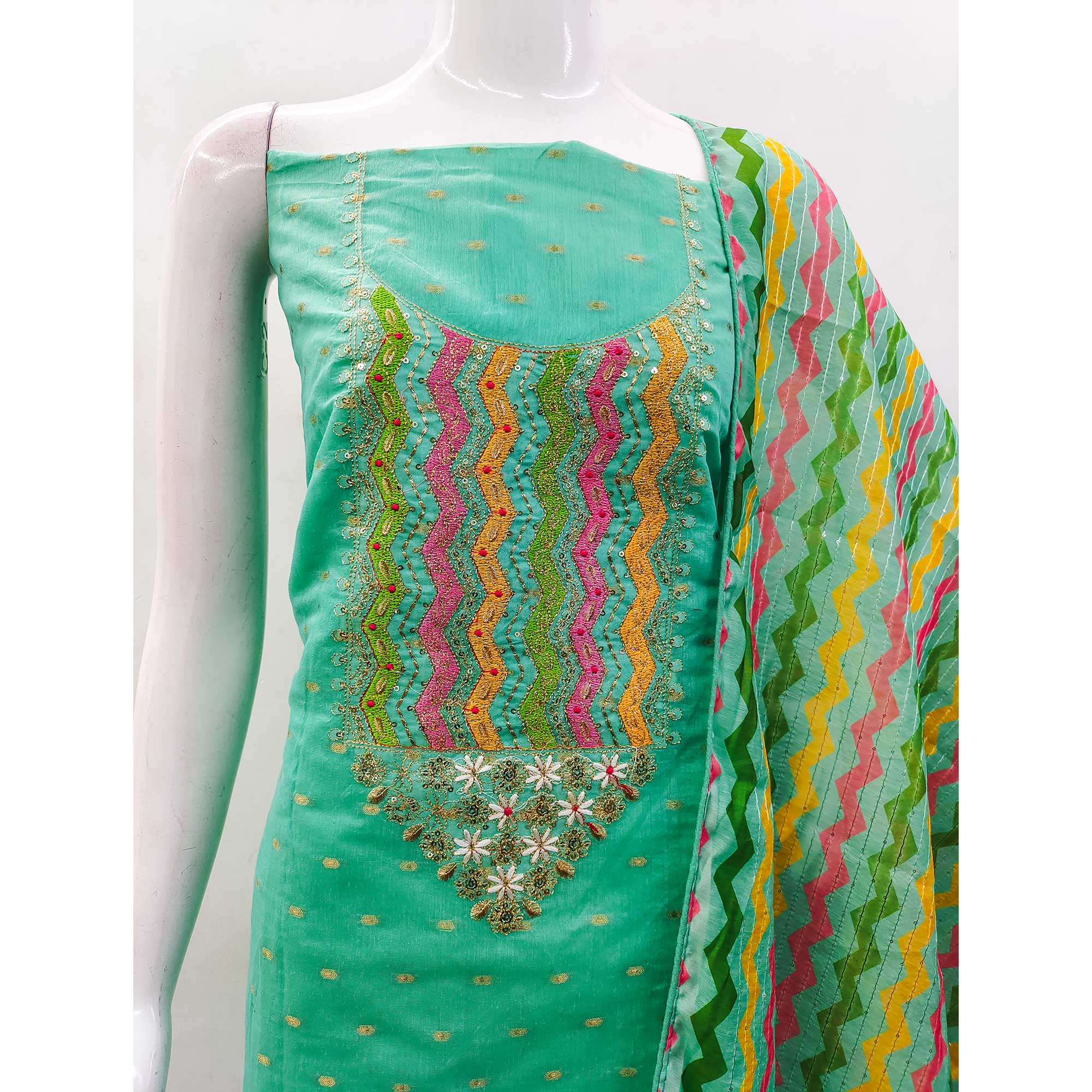 Turquoise Woven Chanderi Dress Material