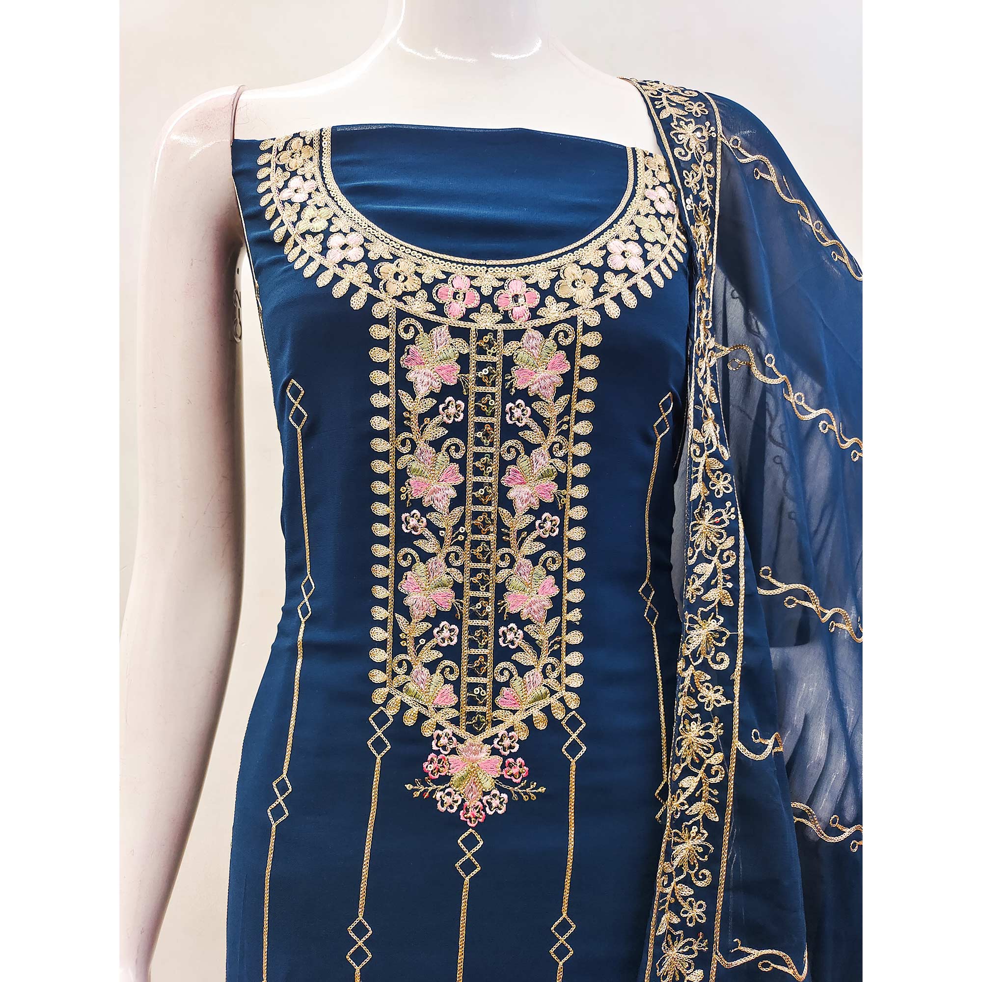 Blue Embroidered Georgette Dress Material