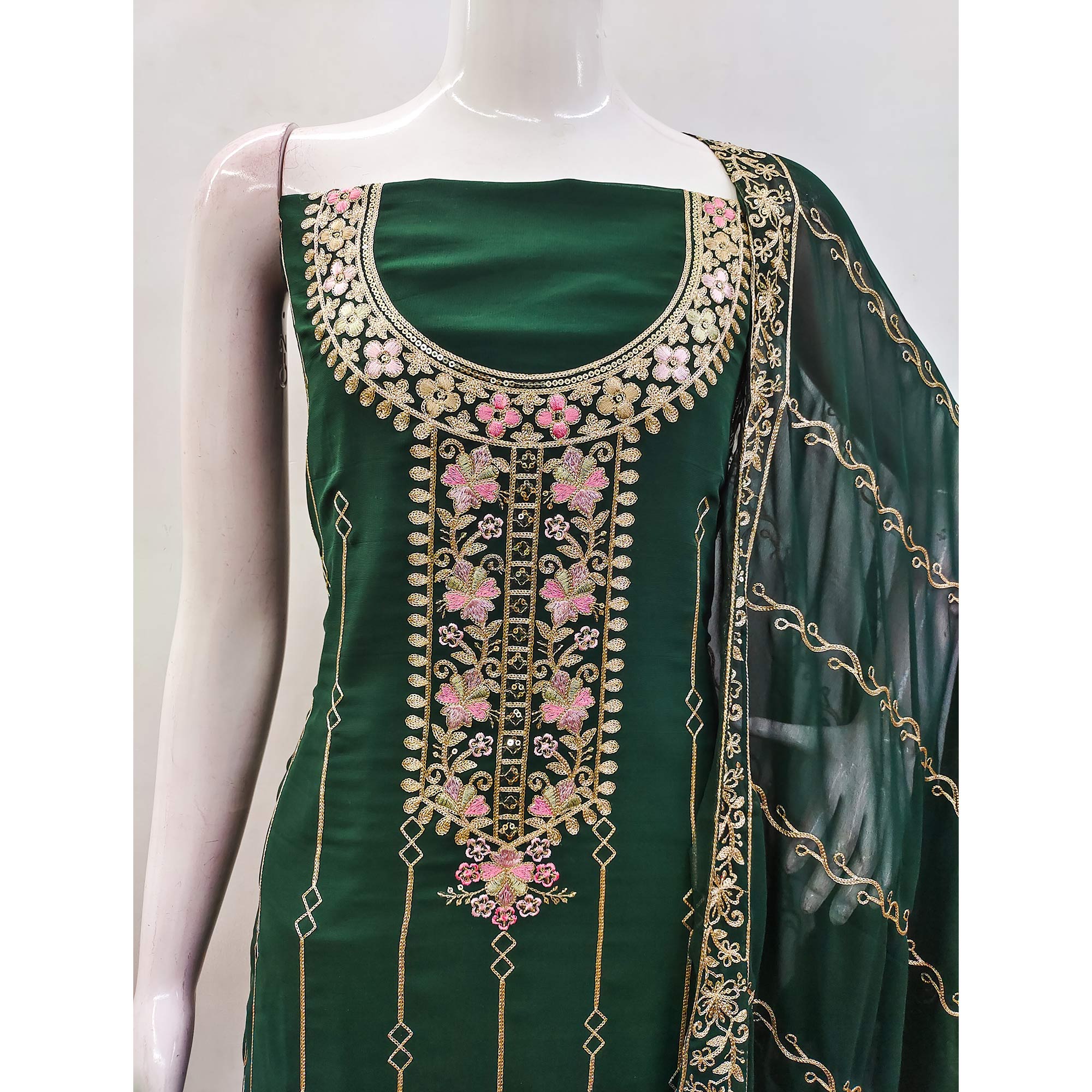 Green Embroidered Georgette Dress Material