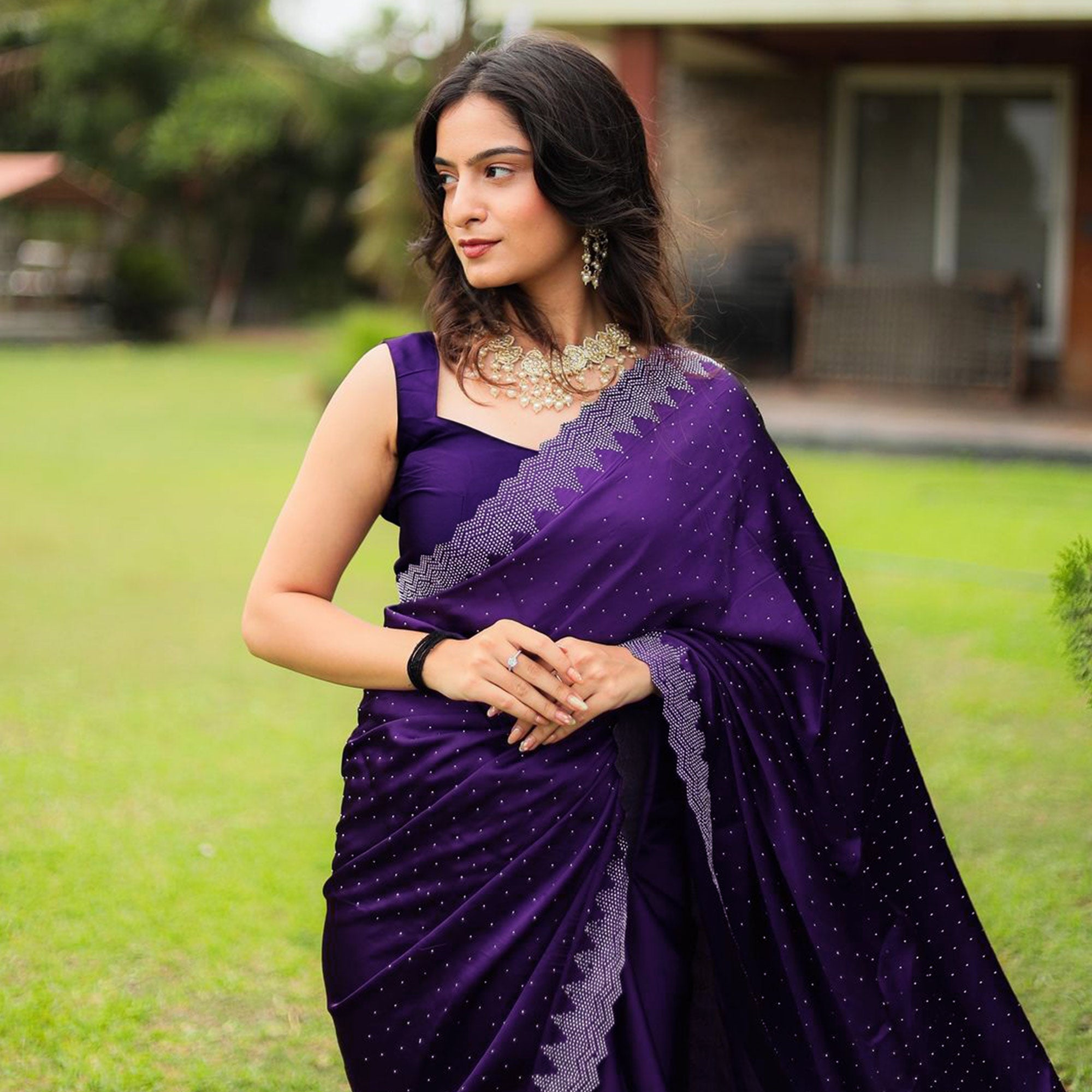 Purple Stone Work Embroidered Satin Saree