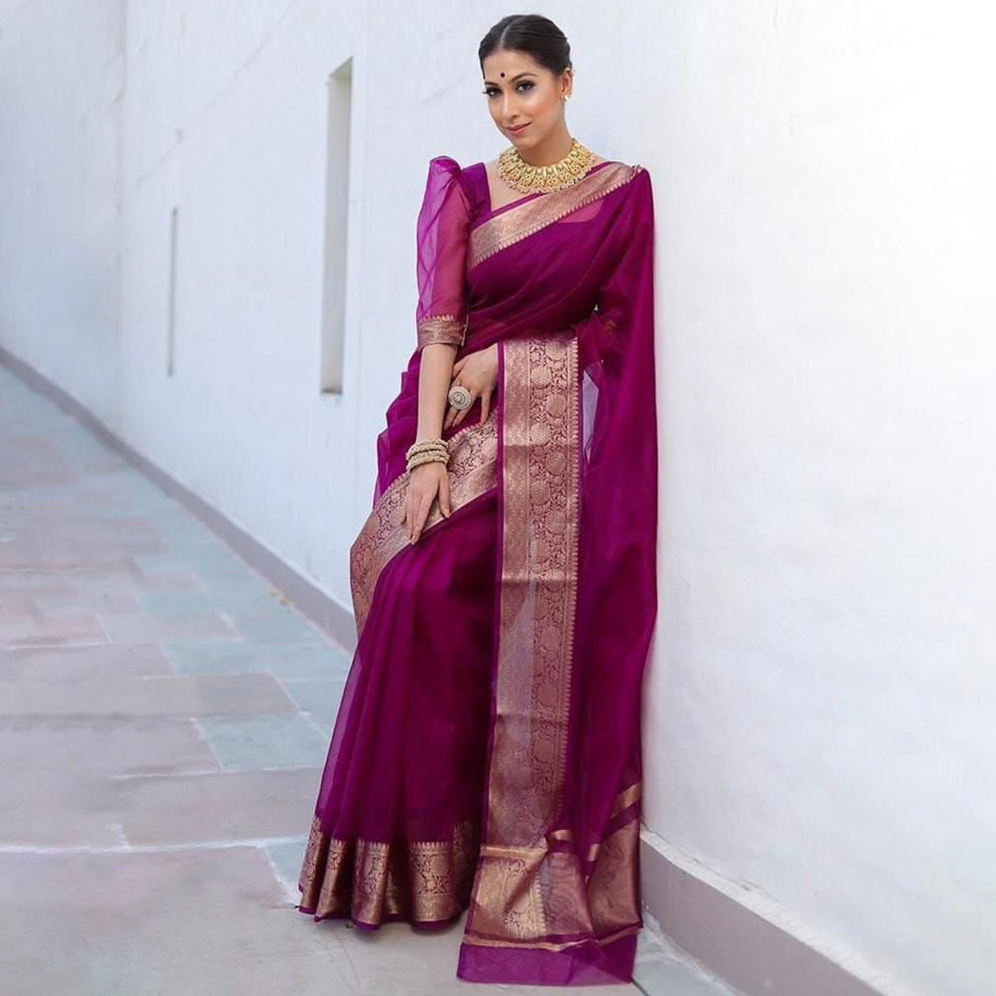 Dark Purple Solid Organza Saree With Zari Border