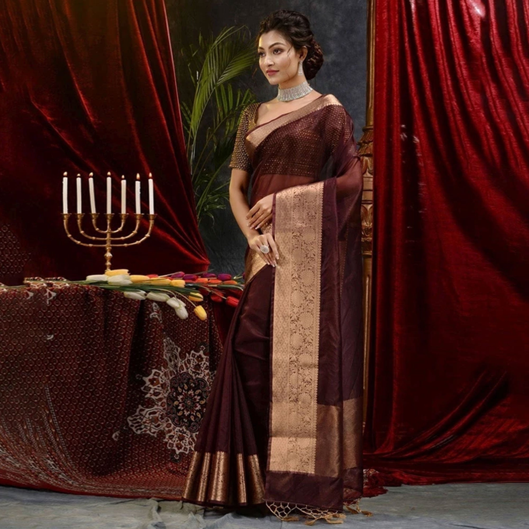 Dark Maroon Solid Organza Saree With Zari Border