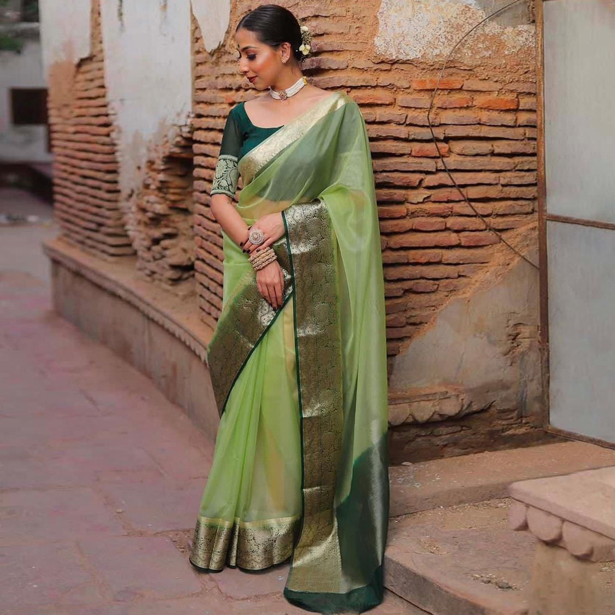 Green Solid Organza Saree With Zari Border