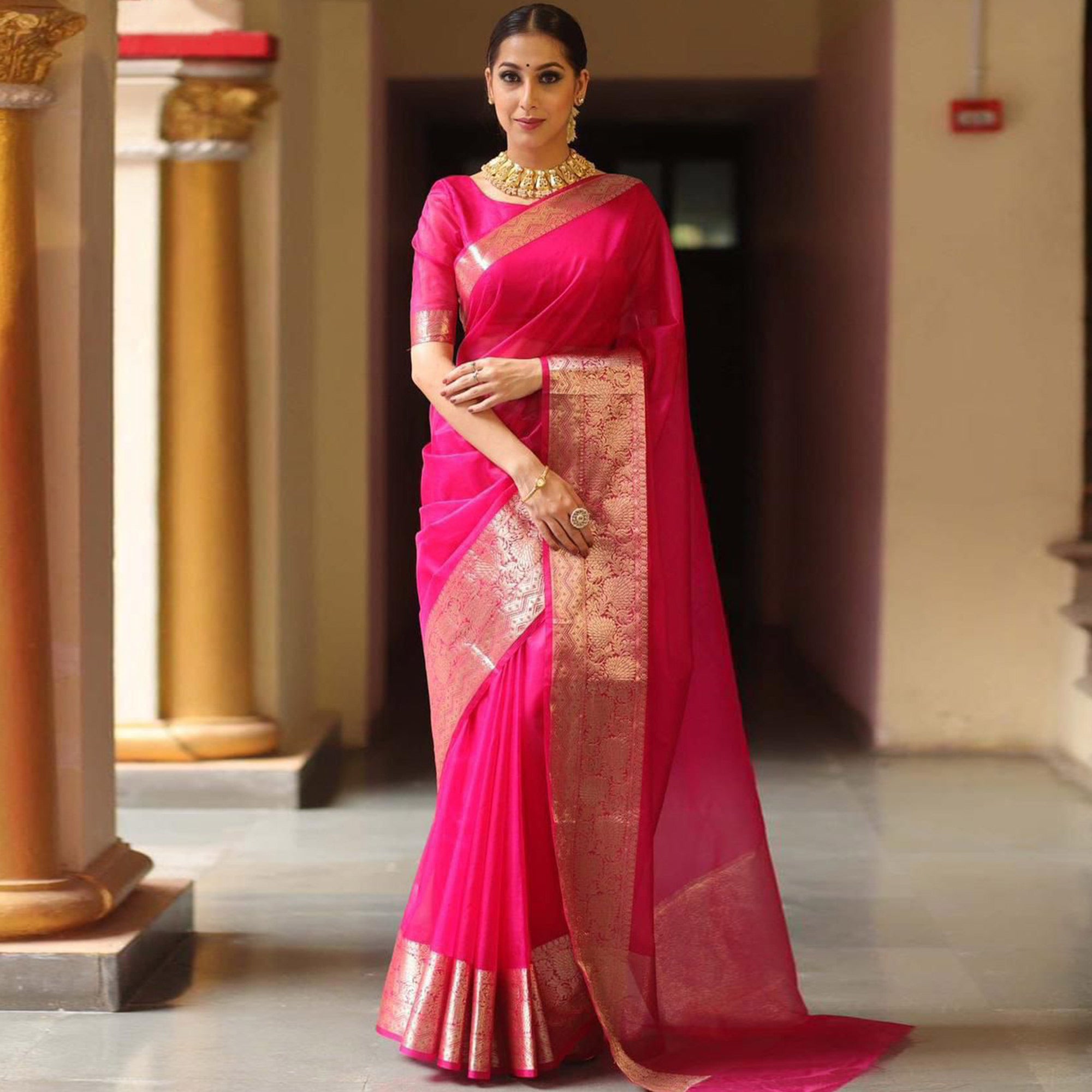 Magenta Solid Organza Saree With Zari Border