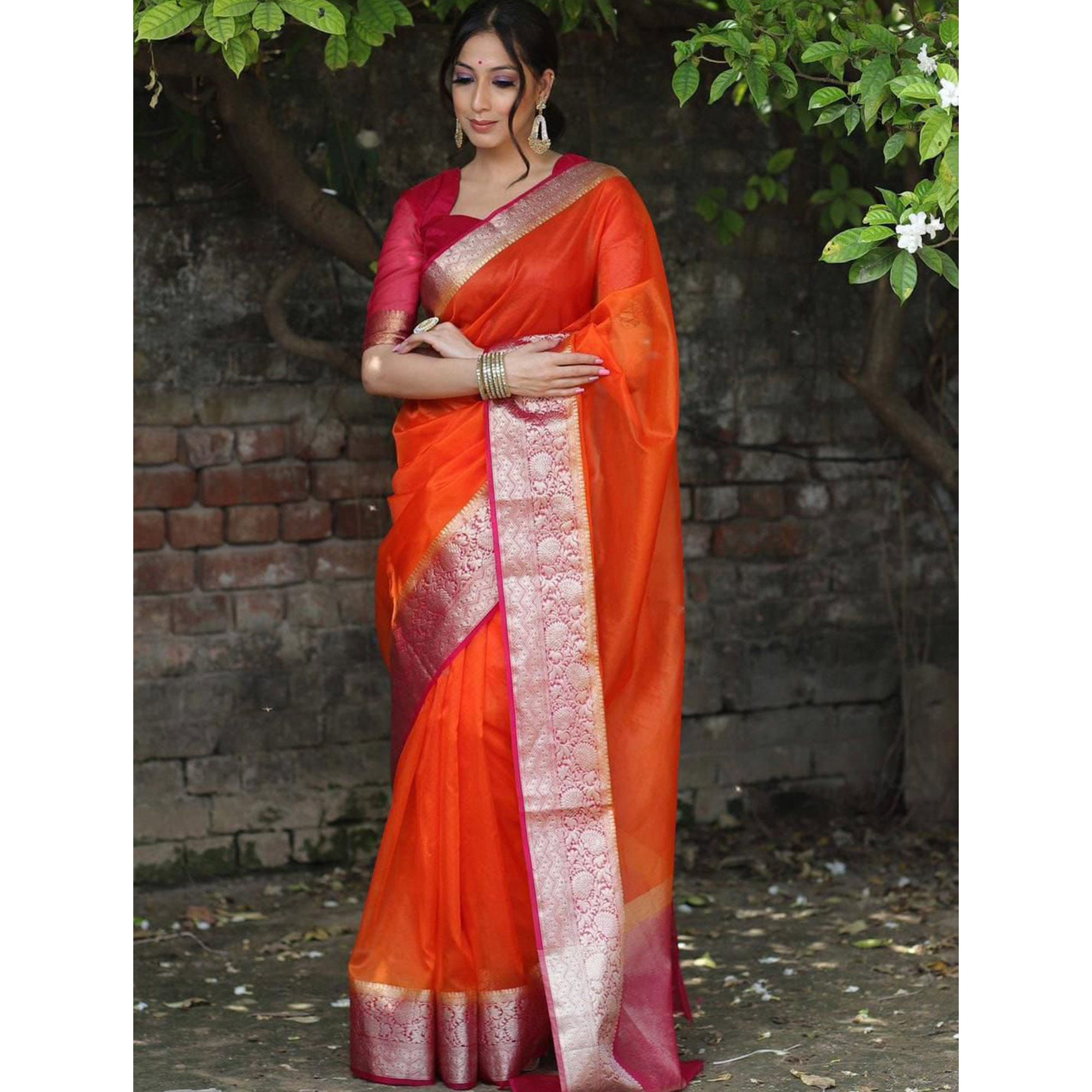 Orange Solid Organza Saree With Zari Border