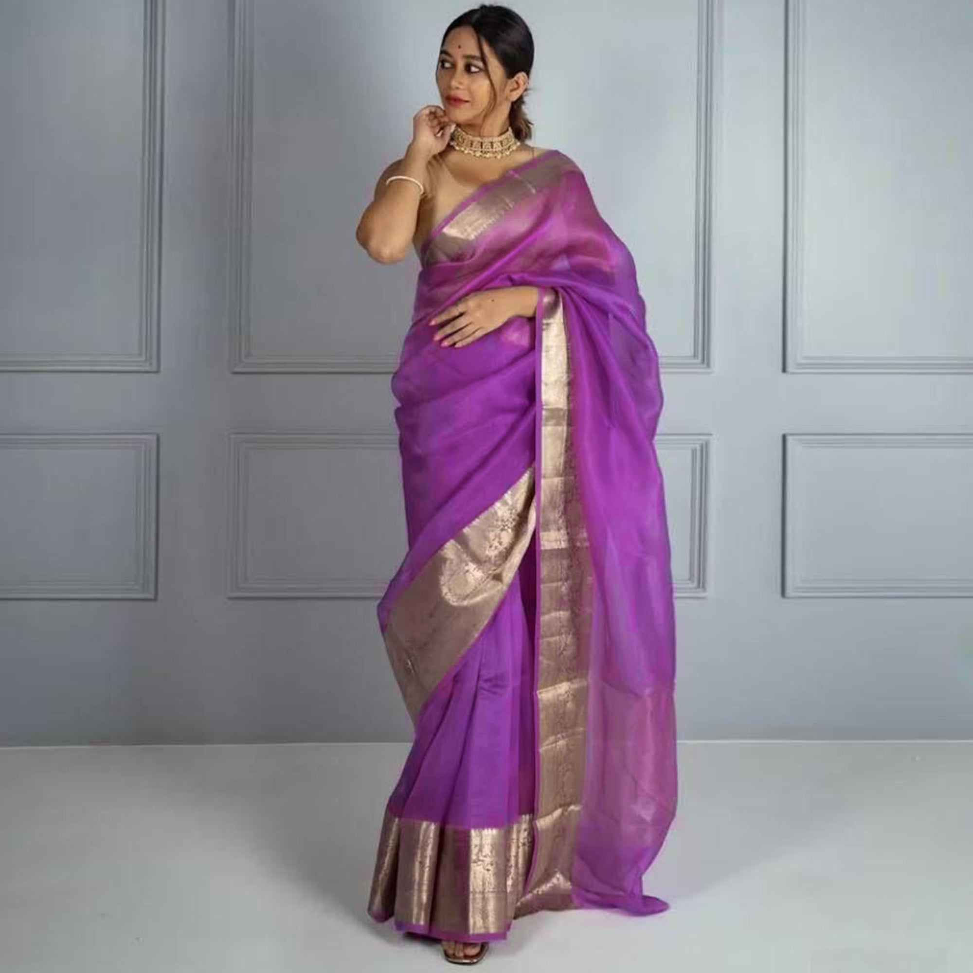 Purple Solid Organza Saree With Zari Border