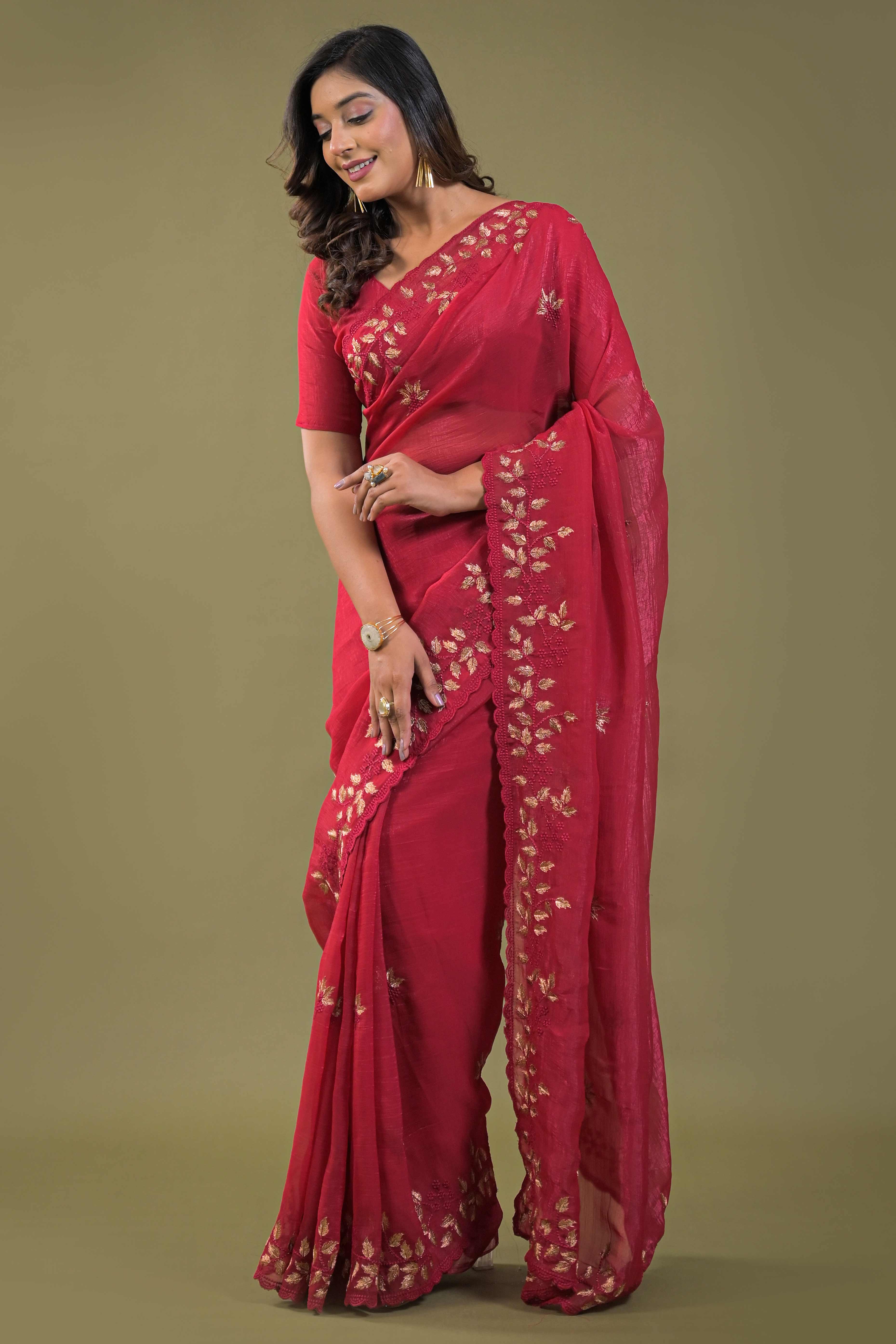 Dark Pink Sheer Organza Saree Adorned with Floral Embroidery