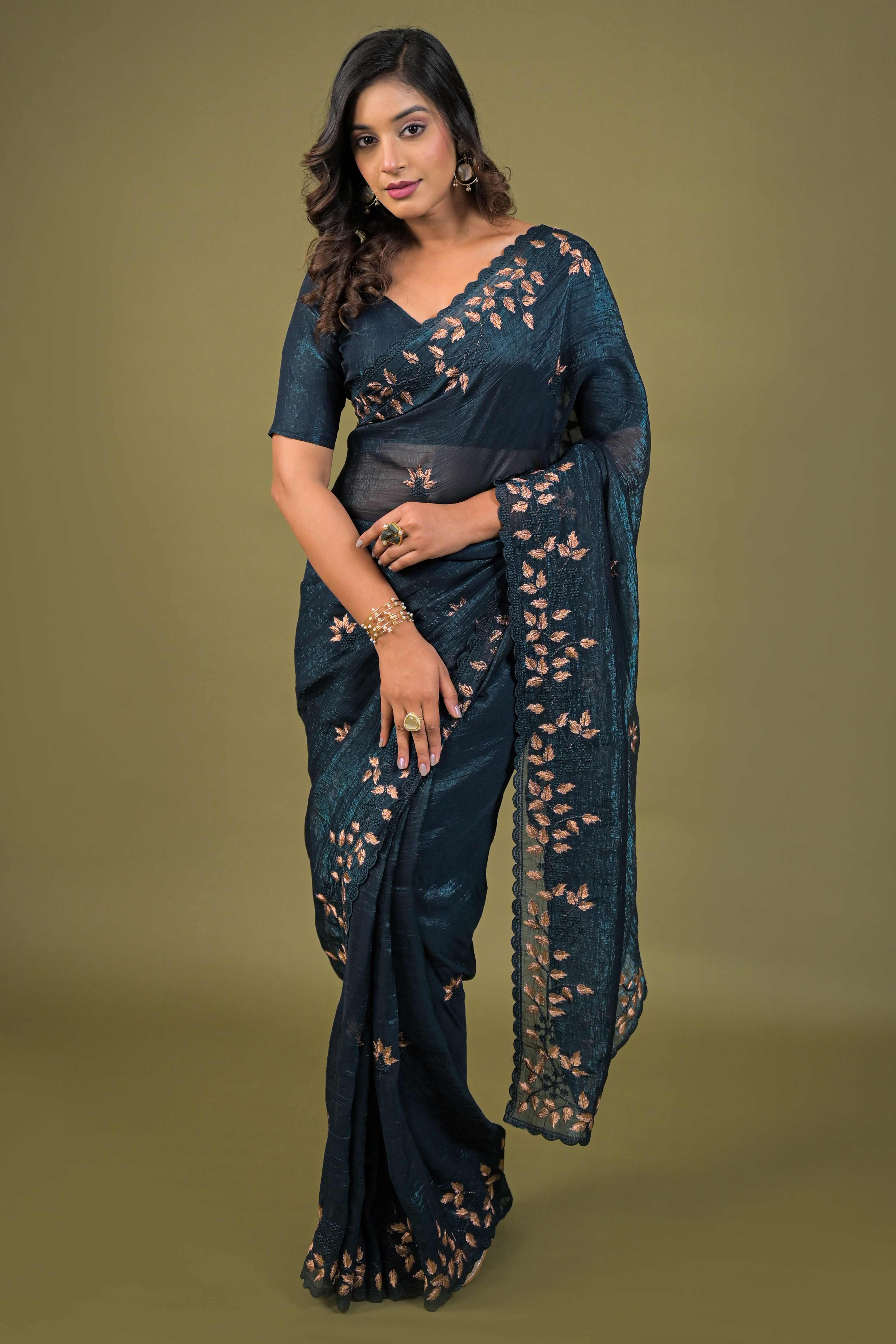 Dark Teal Sheer Organza Saree Adorned with Floral Embroidery