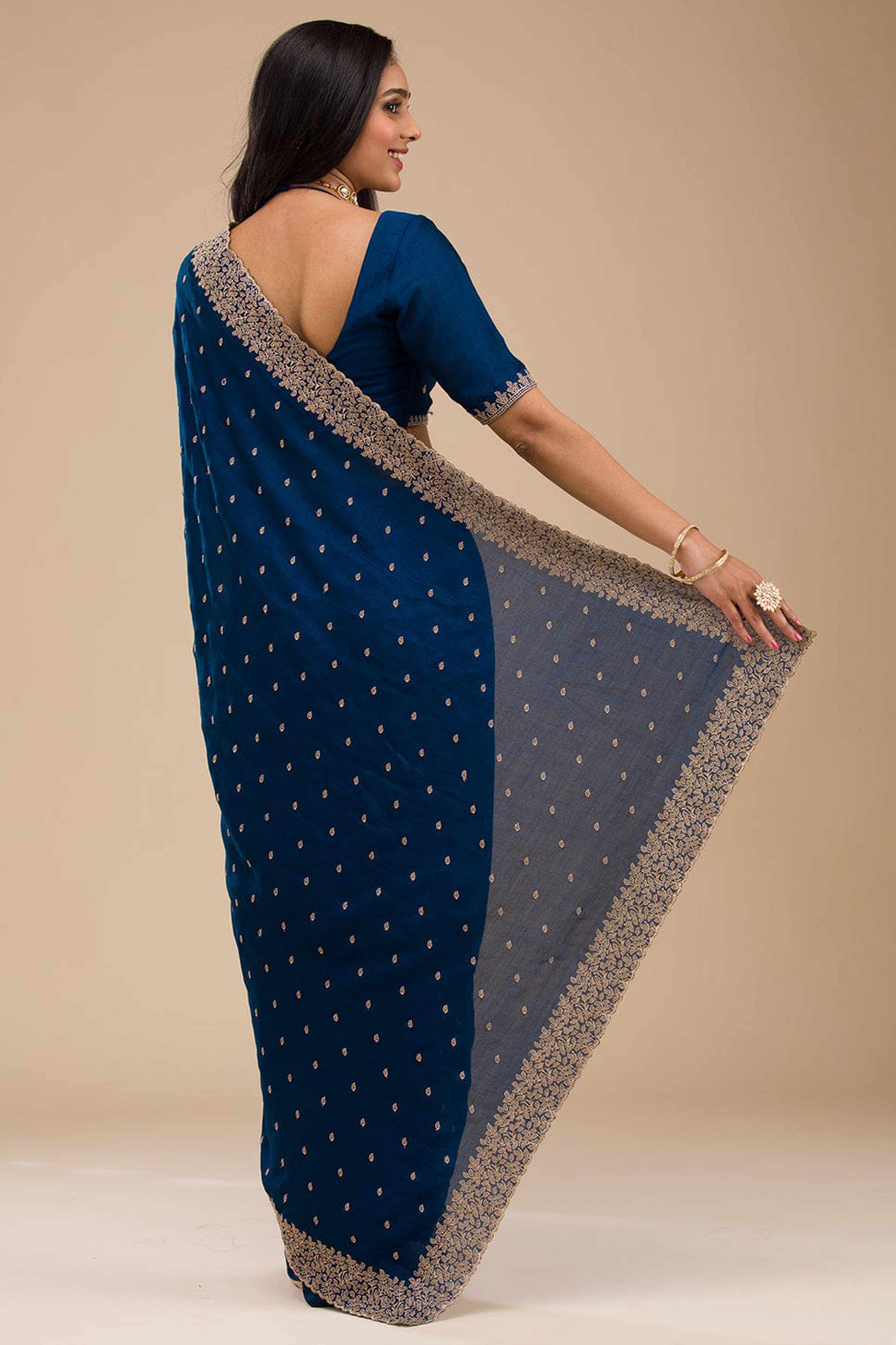 Sophisticated Blue Saree in Vichitra Silk with All-Over Floral Embroidered