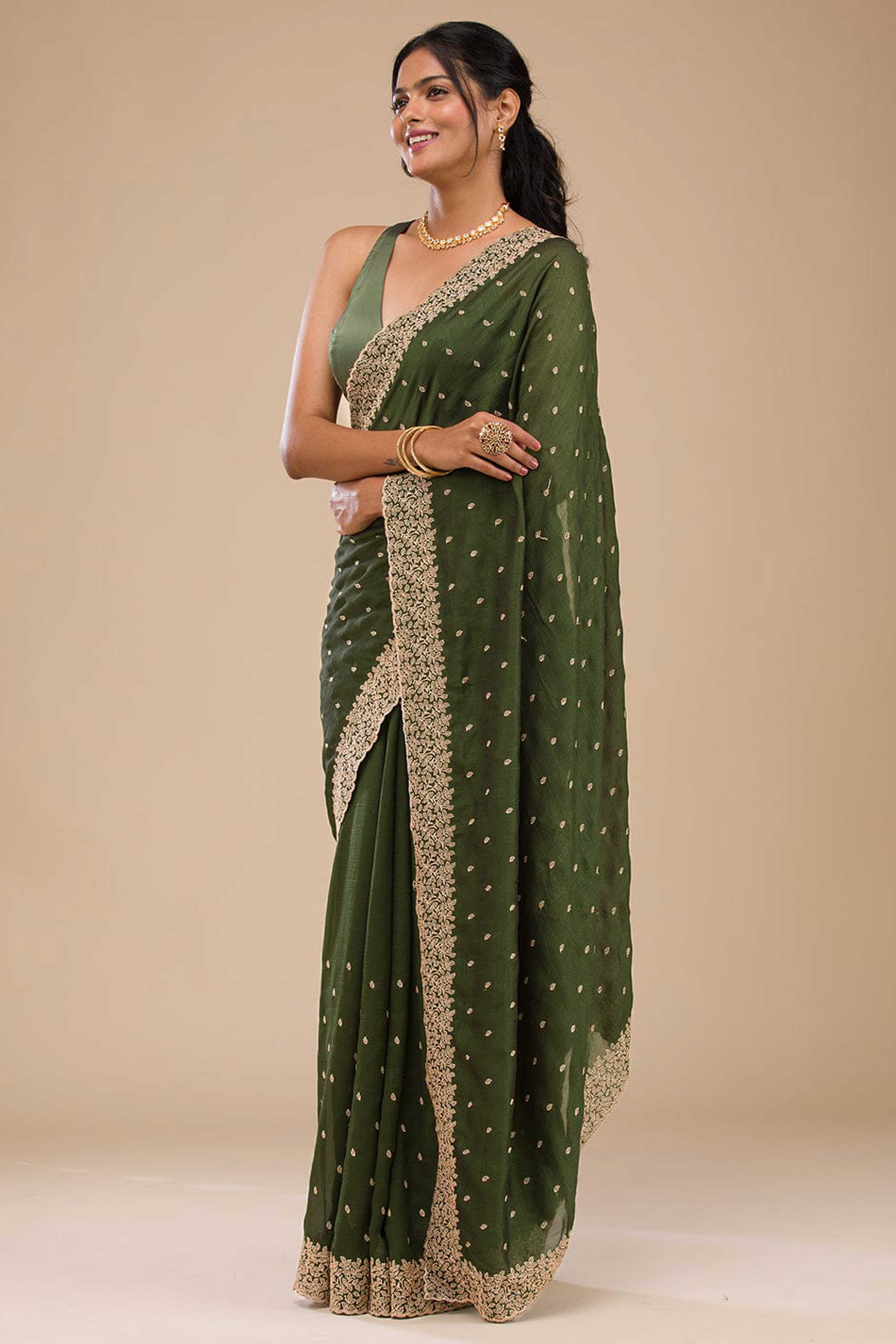 Sophisticated Green Saree in Vichitra Silk with All-Over Floral Embroidered