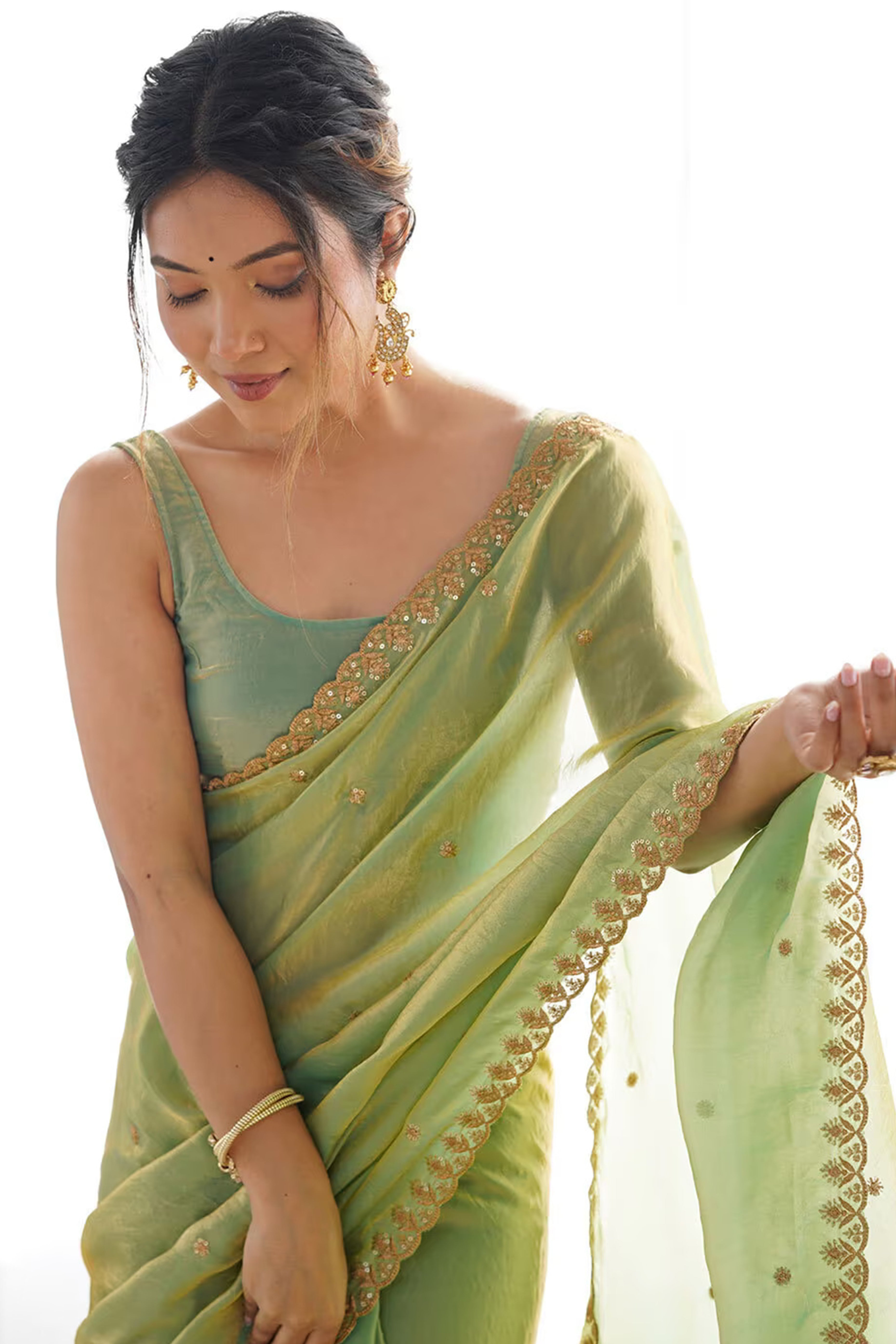Stunning Green Organza Satin Silk Saree Adorned With Floral Sequin Zari Embroidery Work