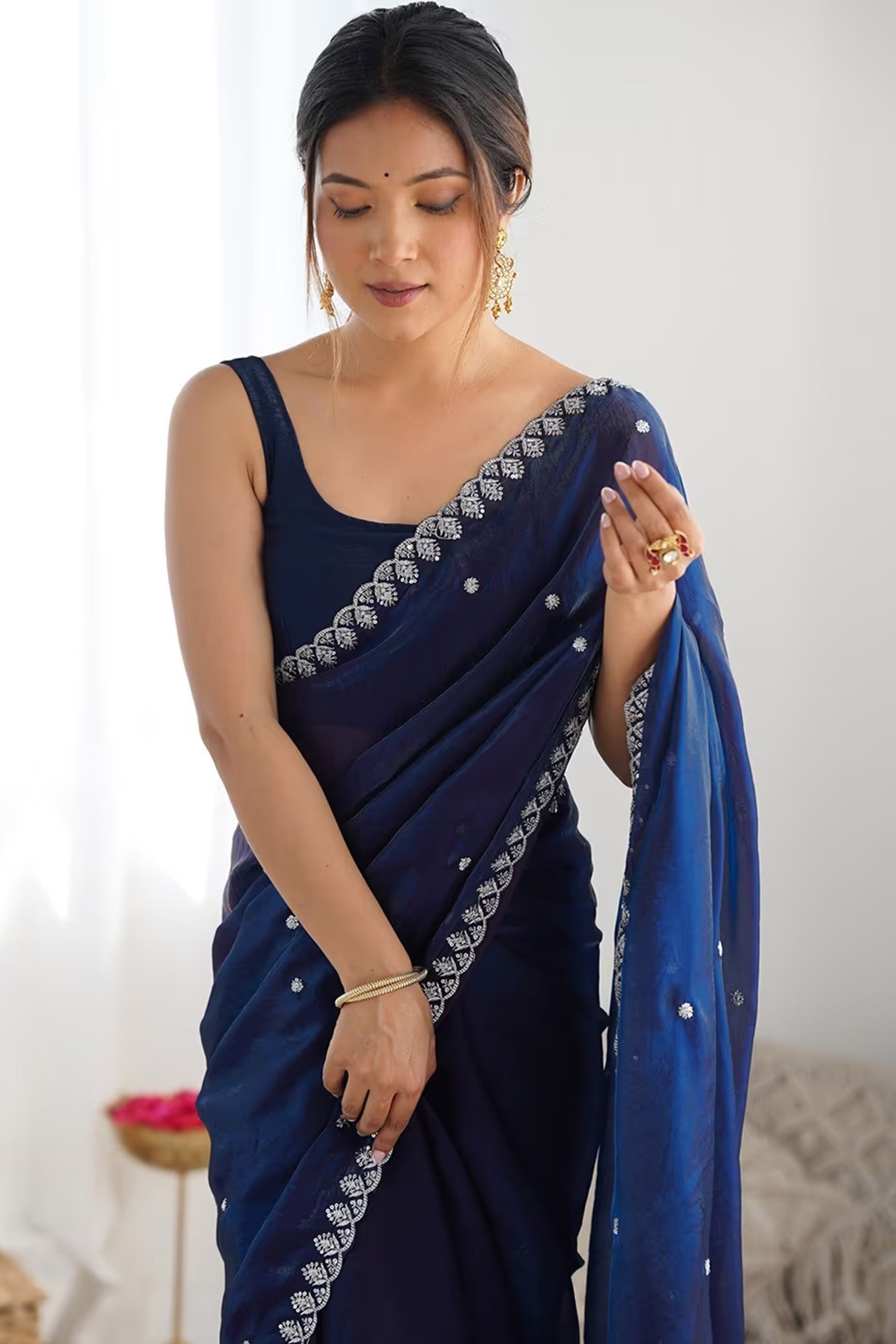 Stunning Navy Blue Organza Satin Silk Saree Adorned With Floral Sequin Zari Embroidery Work